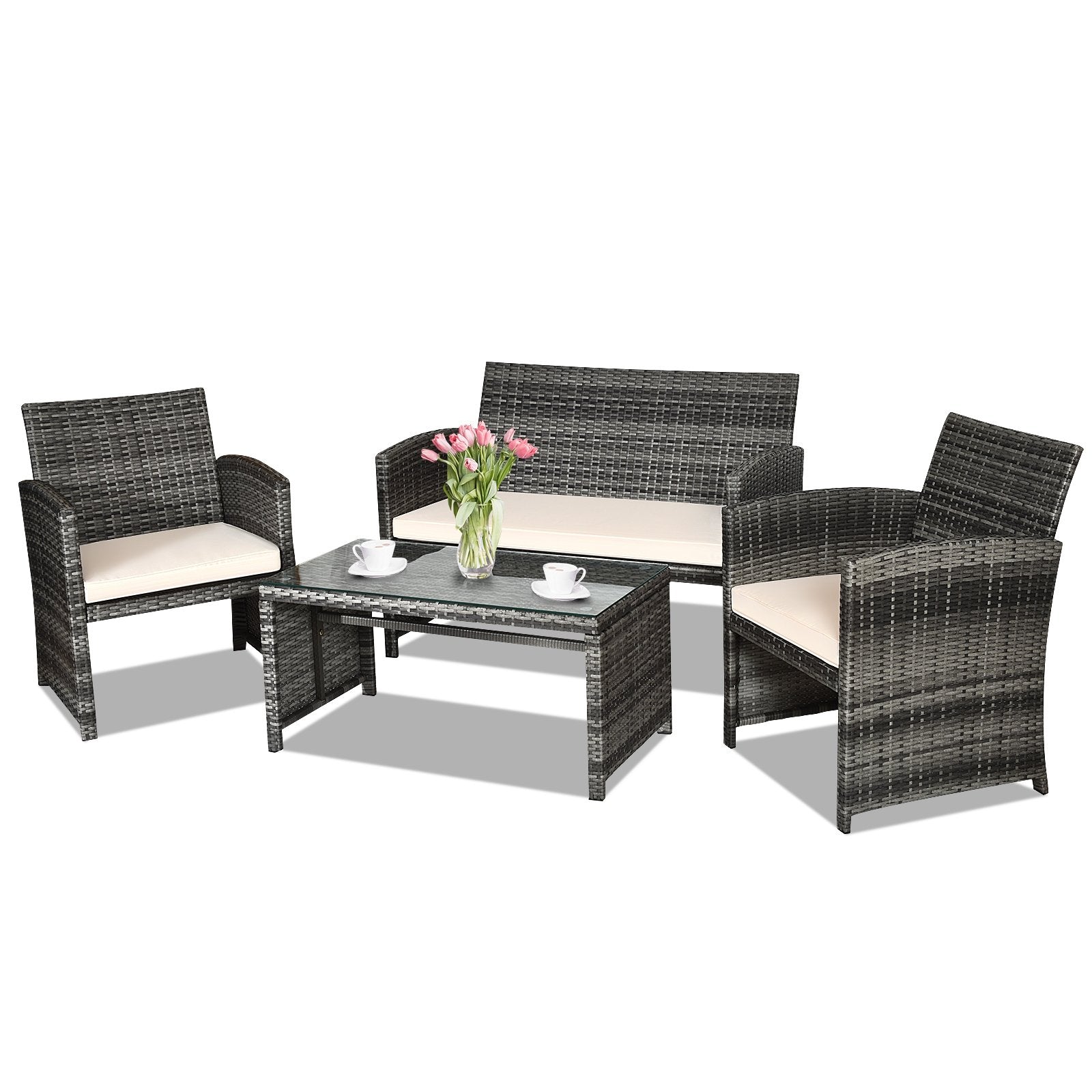 4 Pieces Patio Rattan Furniture Set with Glass Table and Loveseat-Black