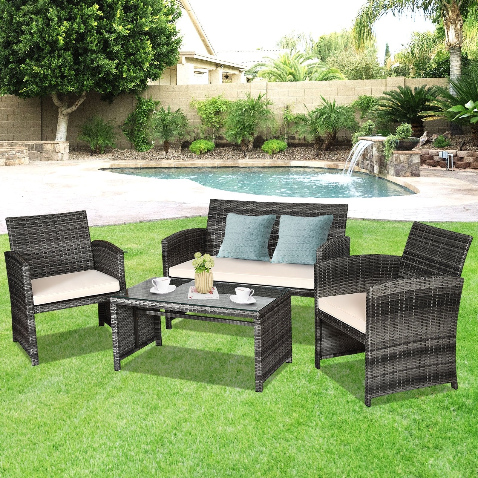 4 Pieces Patio Rattan Furniture Set with Glass Table and Loveseat-Black