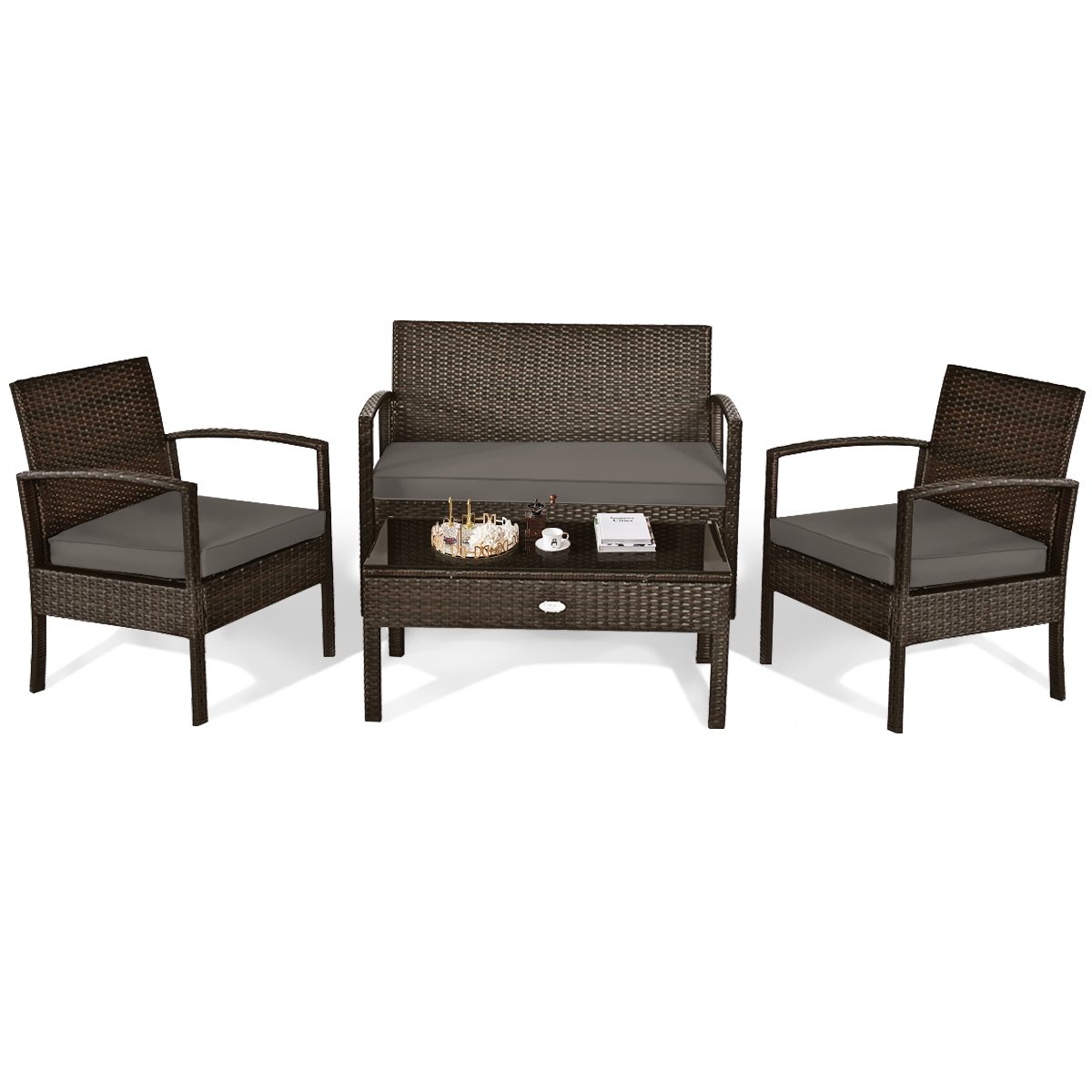 4 Pieces Patio Rattan Cushioned Furniture Set-Black