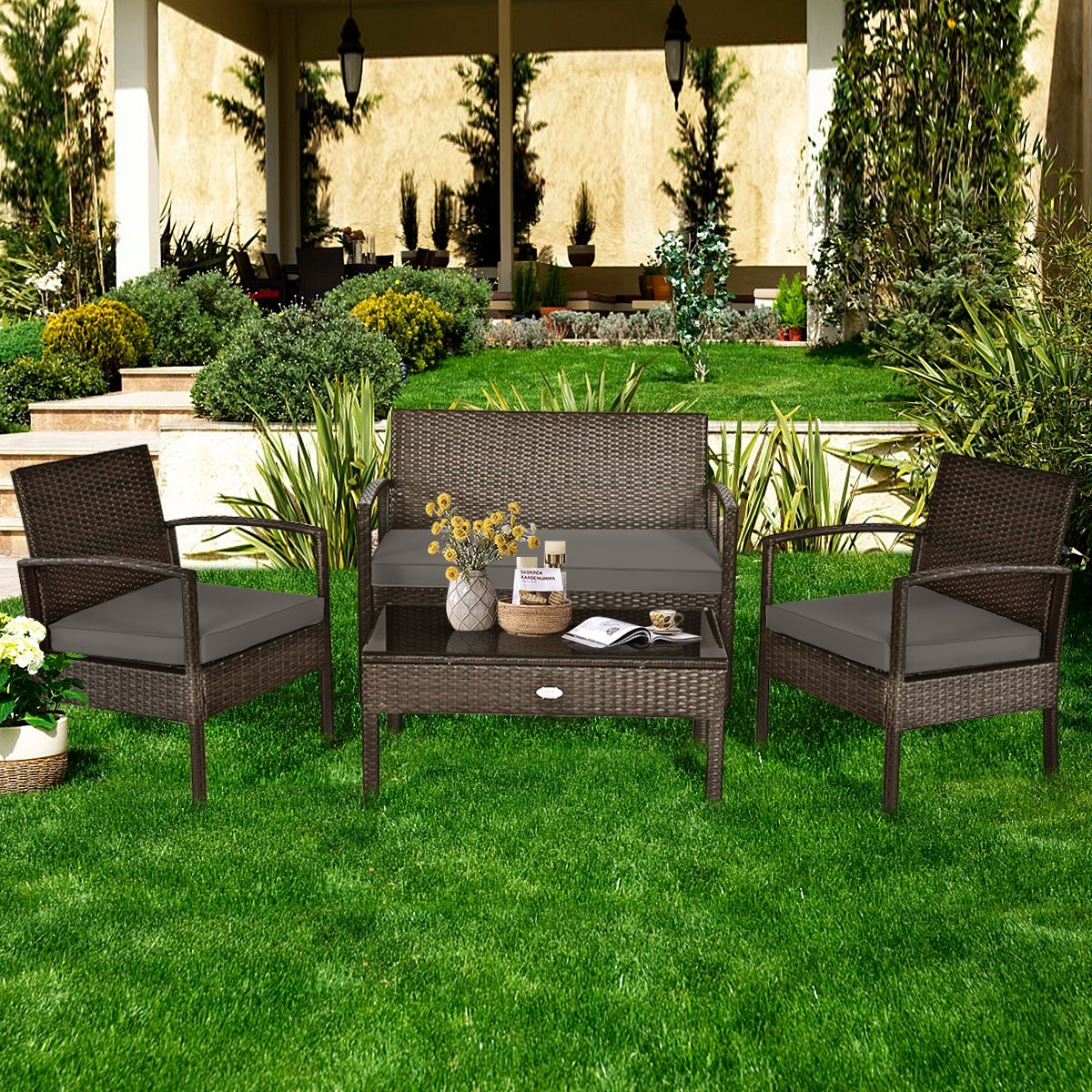4 Pieces Patio Rattan Cushioned Furniture Set-Black
