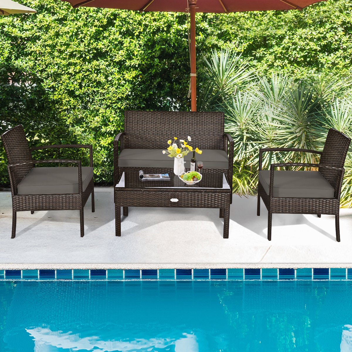 4 Pieces Patio Rattan Cushioned Furniture Set-Black