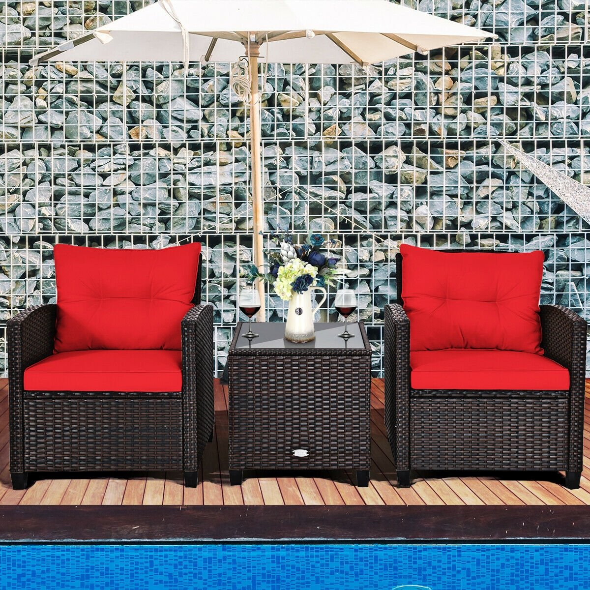 3 Pieces Patio Rattan Furniture Set with 4 Removable Cushions