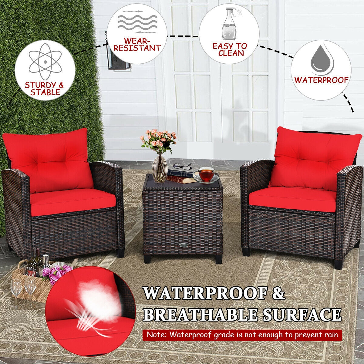 3 Pieces Patio Rattan Furniture Set with 4 Removable Cushions