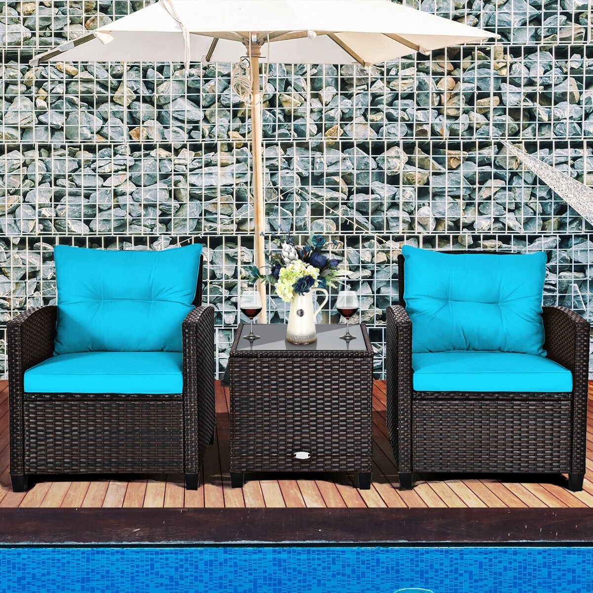 3 Pieces Patio Rattan Furniture Set with 4 Removable Cushions
