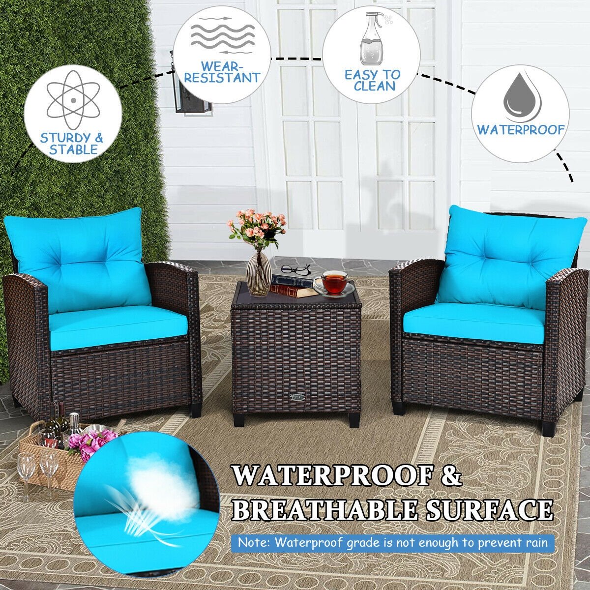 3 Pieces Patio Rattan Furniture Set with 4 Removable Cushions