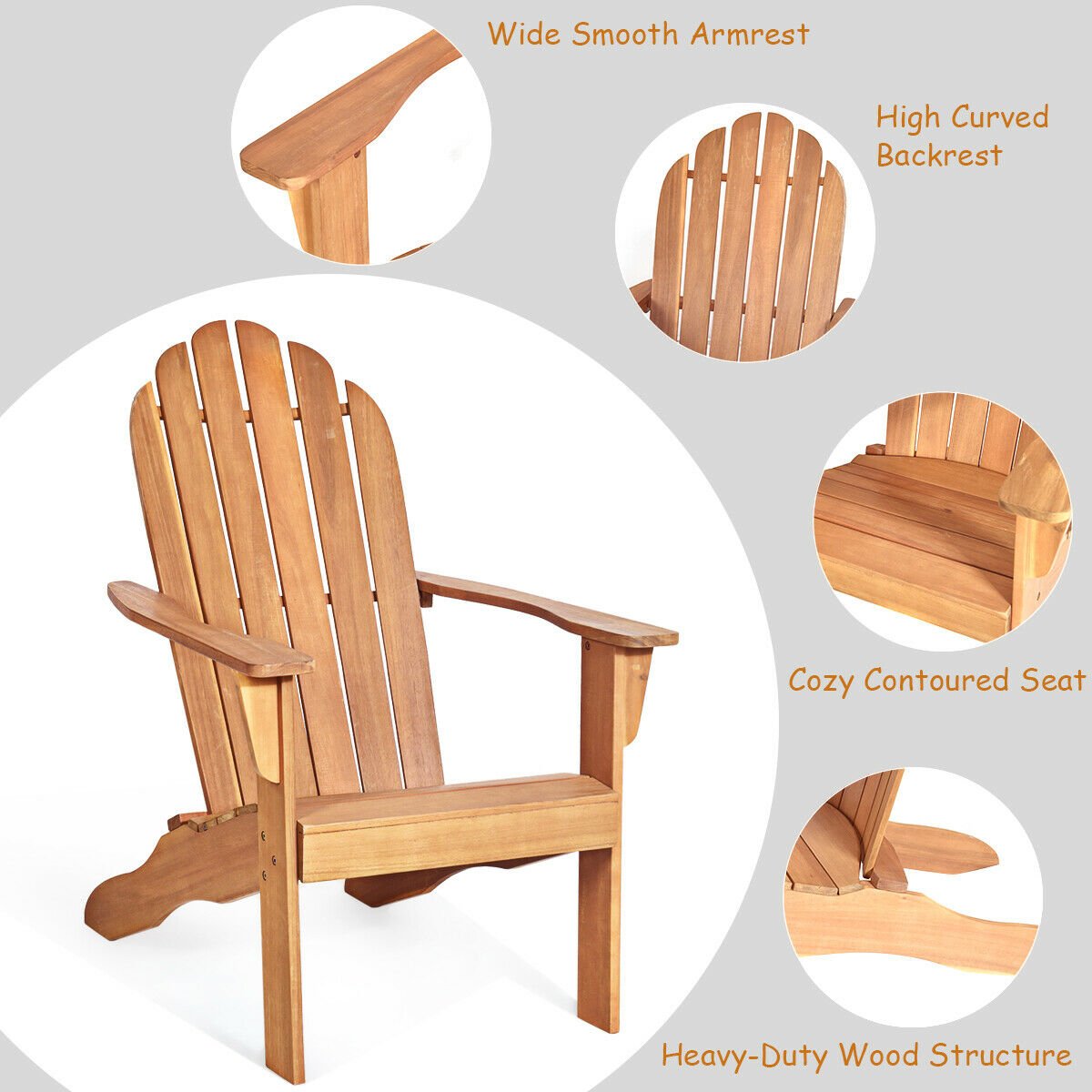 Acacia Wood Outdoor Adirondack Chair with Ergonomic Design-Gray