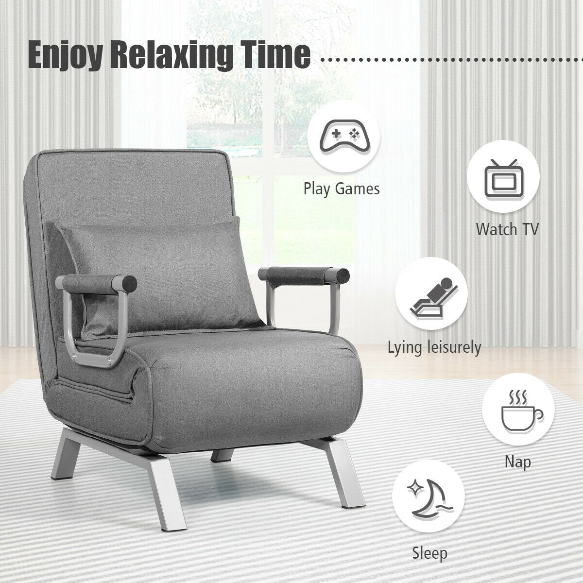 Folding 6 Position Convertible Sleeper Bed Armchair Lounge Couch with Pillow-Black
