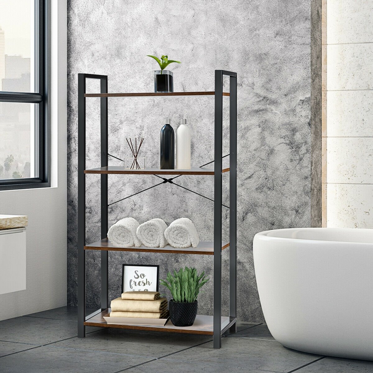 4-Tier Bookshelf Industrial Bookcase Plant Flower Stand-Black