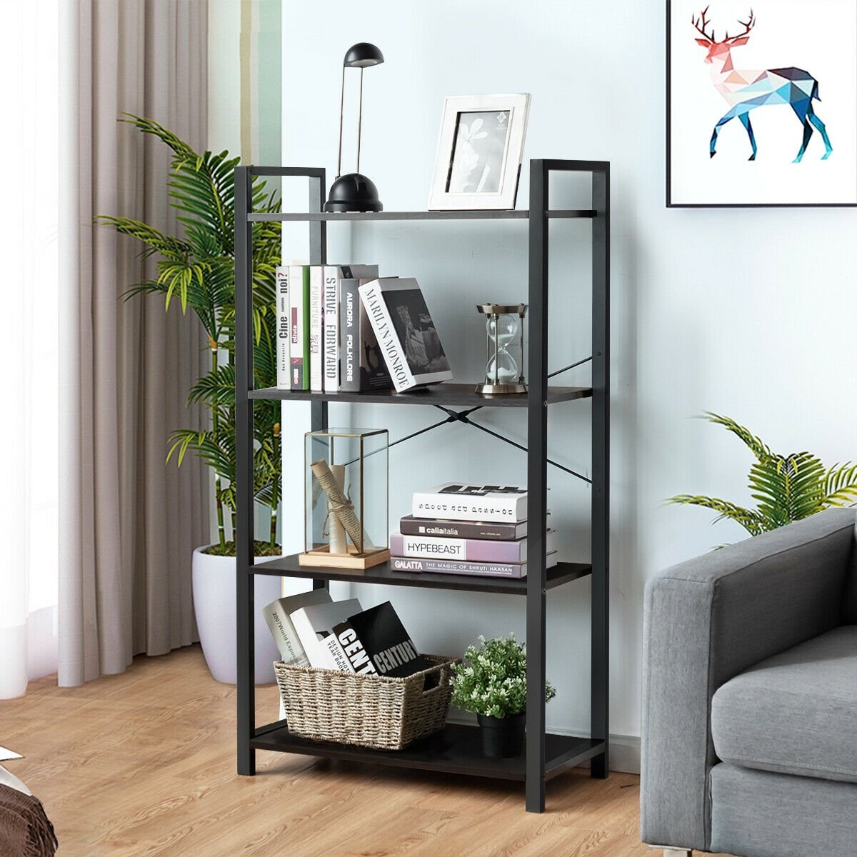 4-Tier Bookshelf Industrial Bookcase Plant Flower Stand-Black