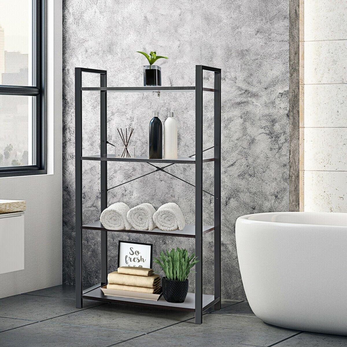 4-Tier Bookshelf Industrial Bookcase Plant Flower Stand-Black