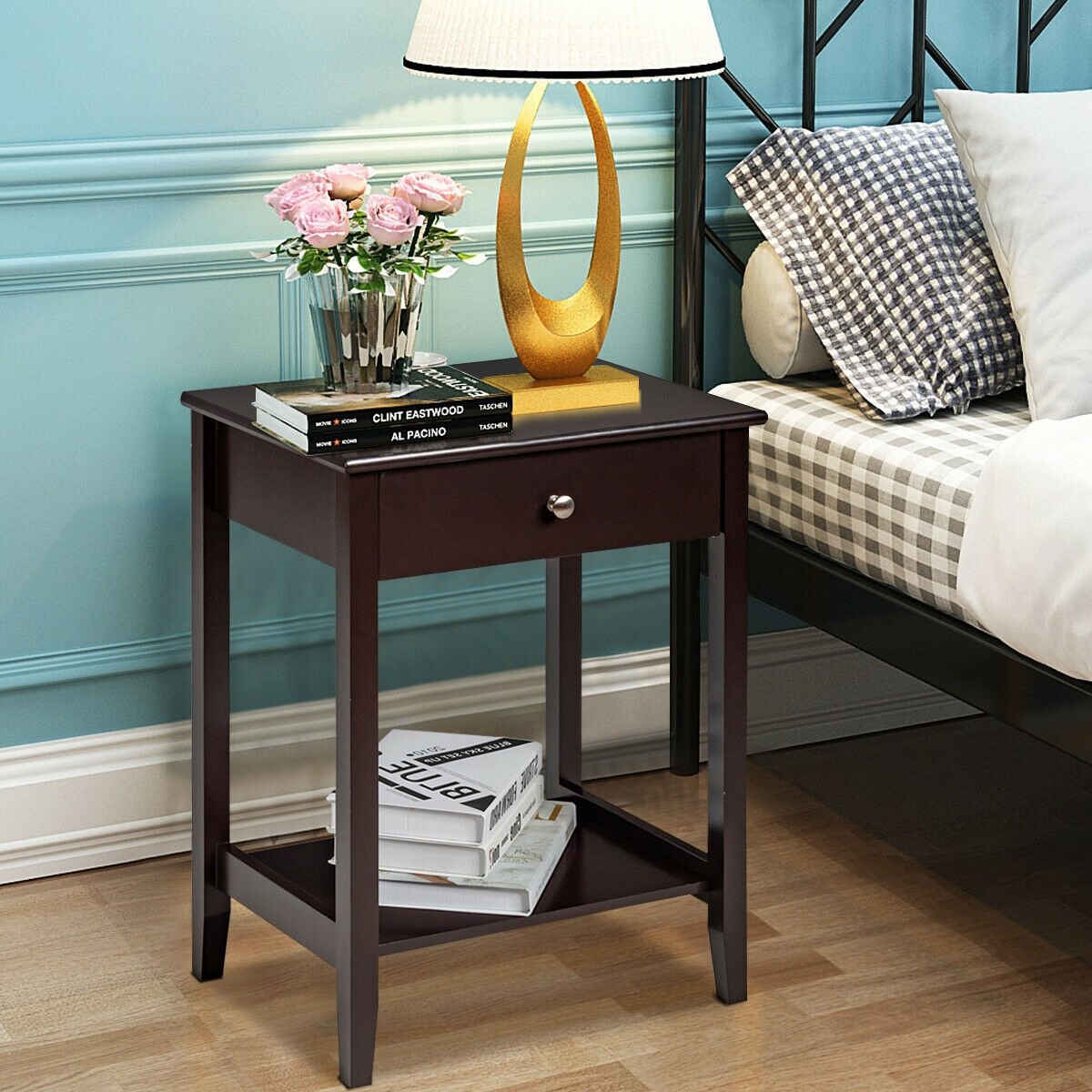 Wooden Bedside Sofa Table with Sliding Drawer-Brown