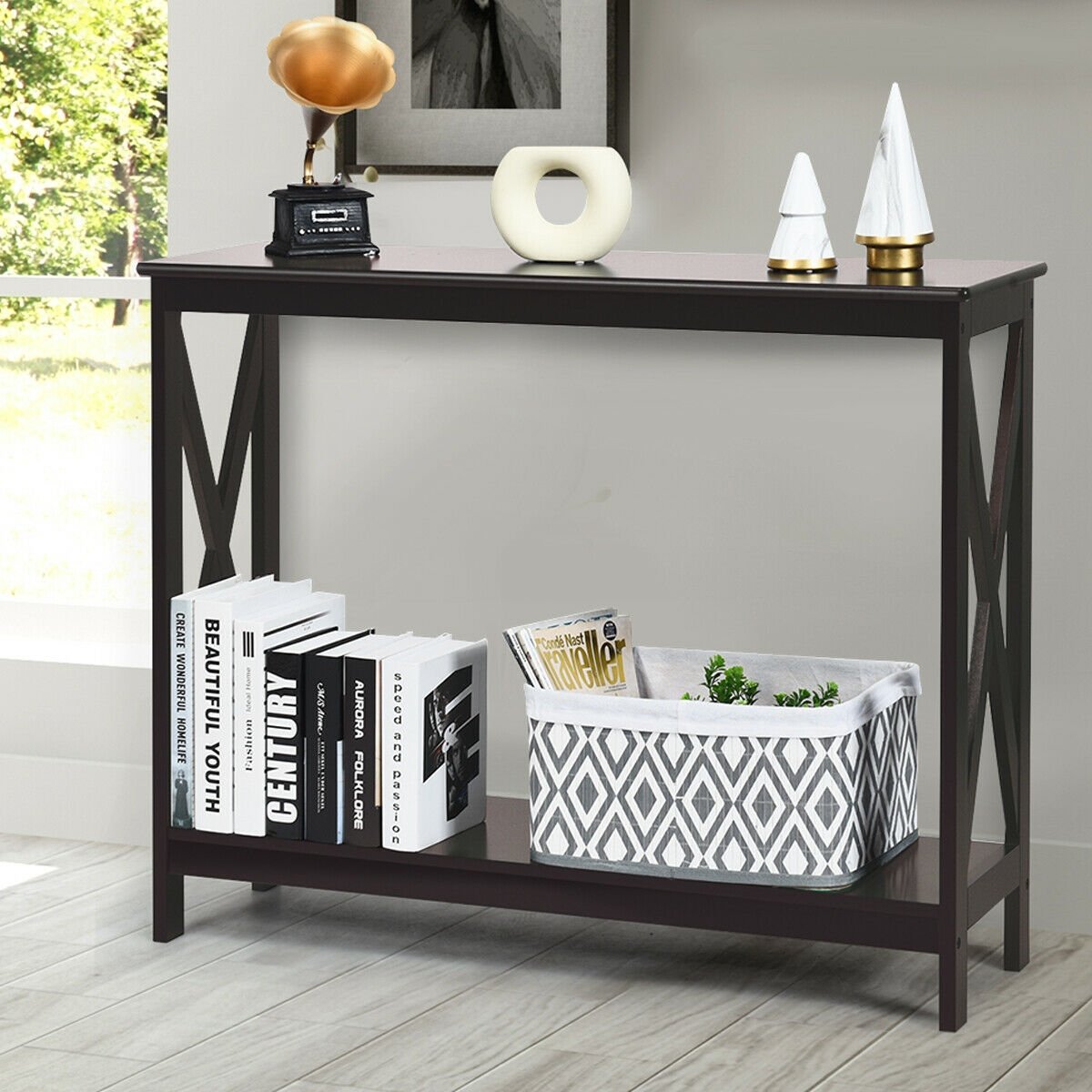 2-Tier Console X-Design Sofa Side Accent Table-Black