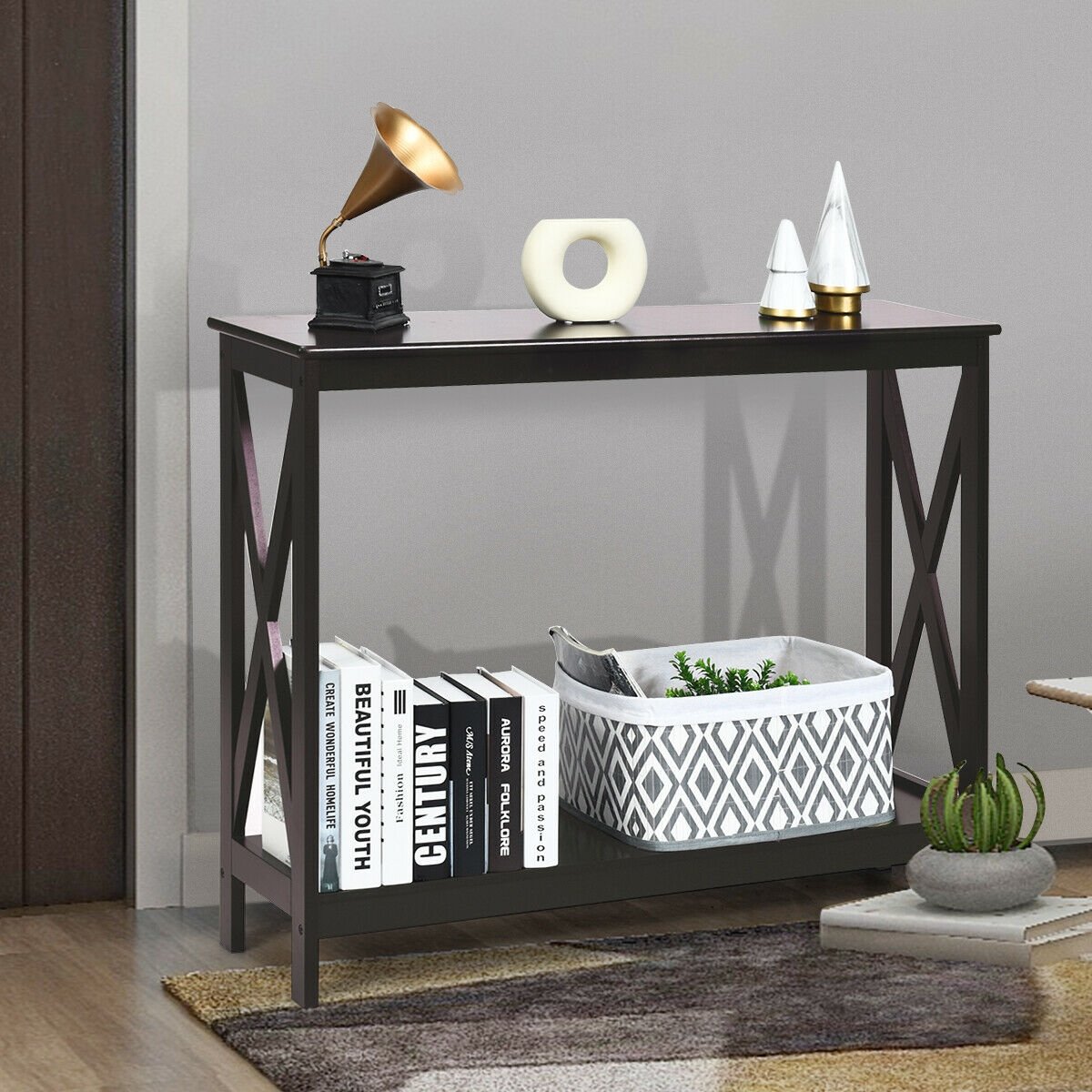 2-Tier Console X-Design Sofa Side Accent Table-Black