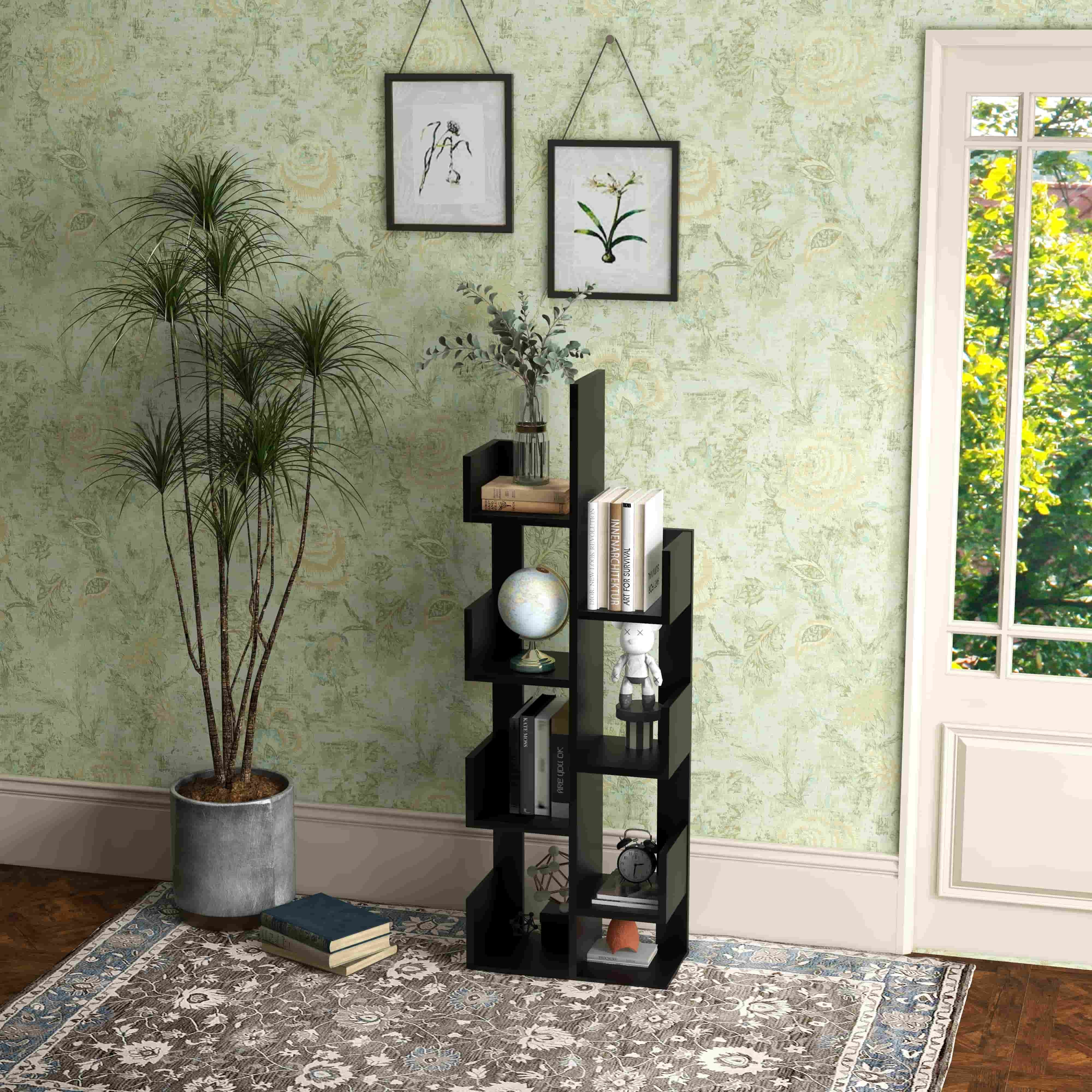 8-Tier Bookshelf Bookcase Space-Saving Storage Rack with 8 Open Compartments-Black