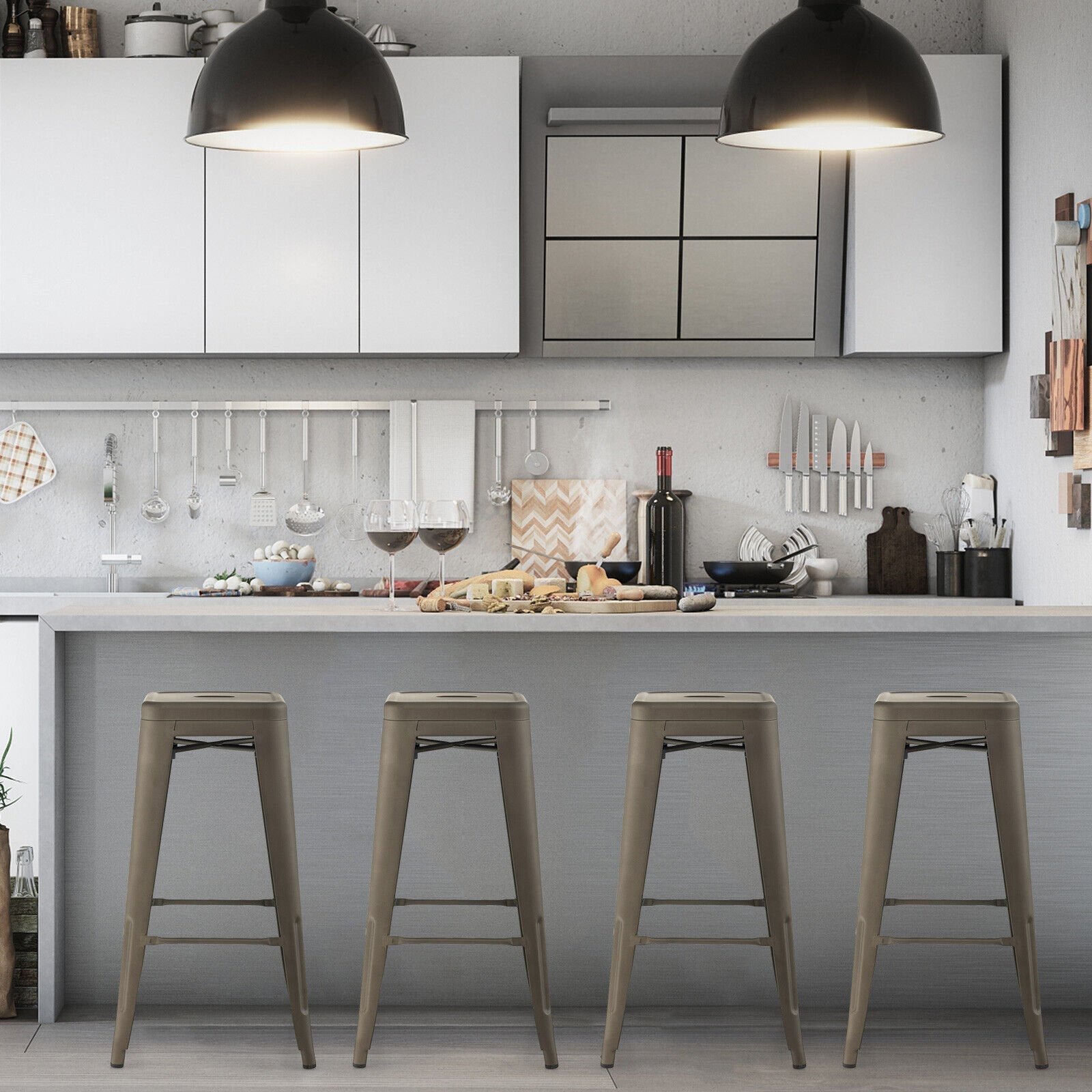 30 Inch Bar Stools Set of 4 with Square Seat and Handling Hole-Black