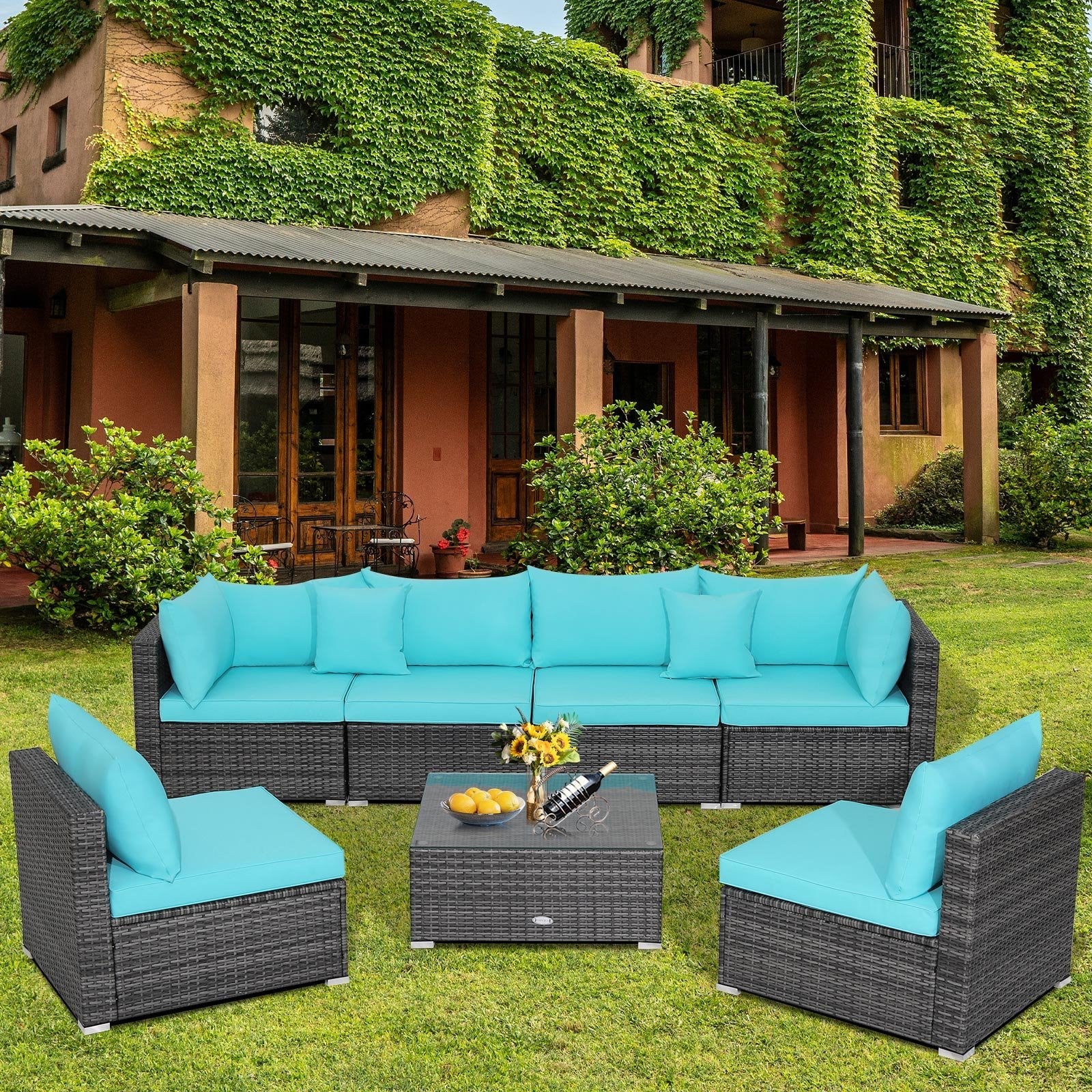 7 Pieces Patio Rattan Furniture Set with Sectional Sofa Cushioned-Beige