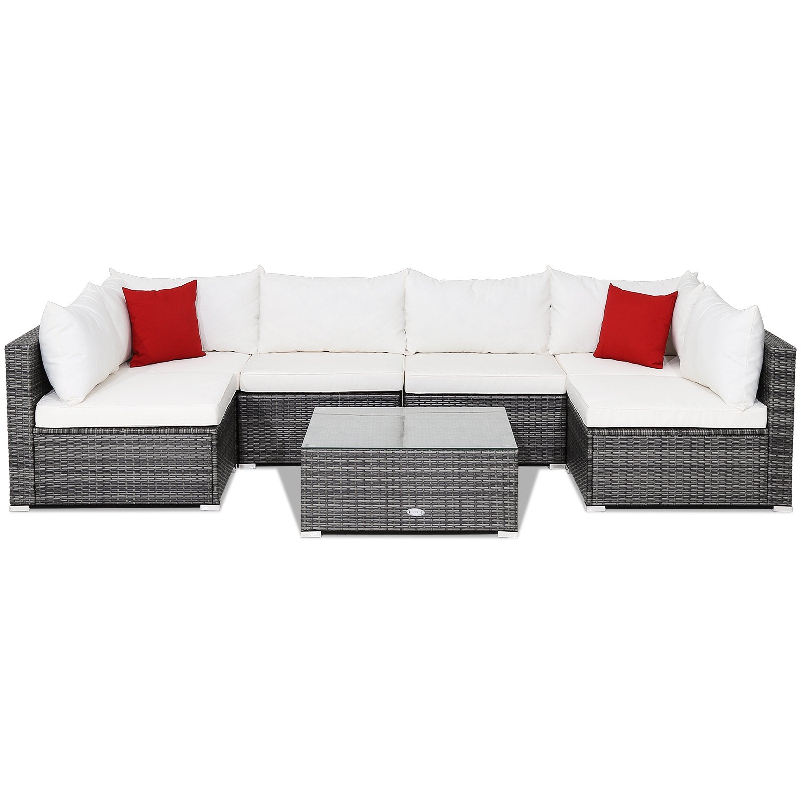 7 Pieces Patio Rattan Furniture Set with Sectional Sofa Cushioned-Beige