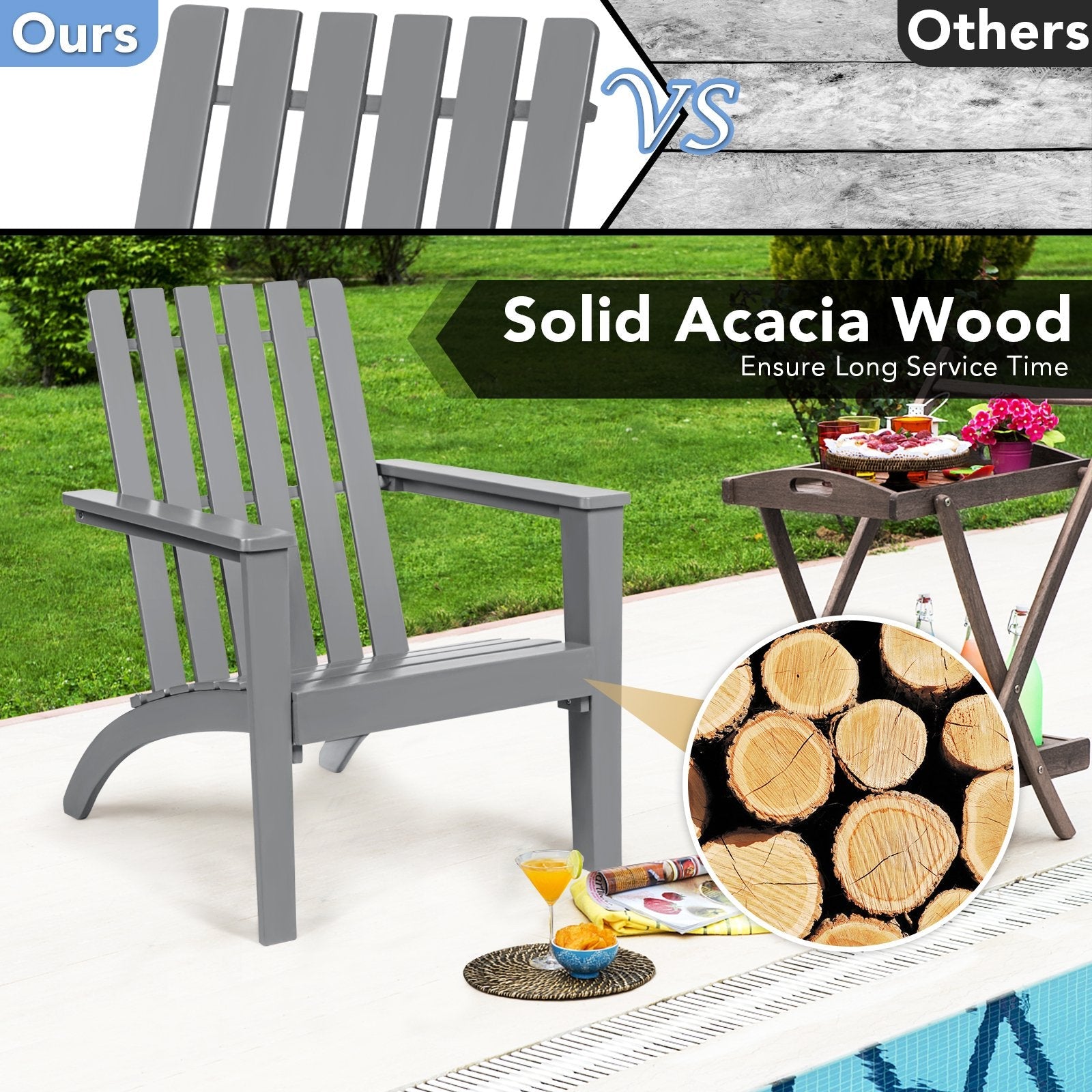 Outdoor Durable Patio Acacia Wood Adirondack Lounge Armchair-Black