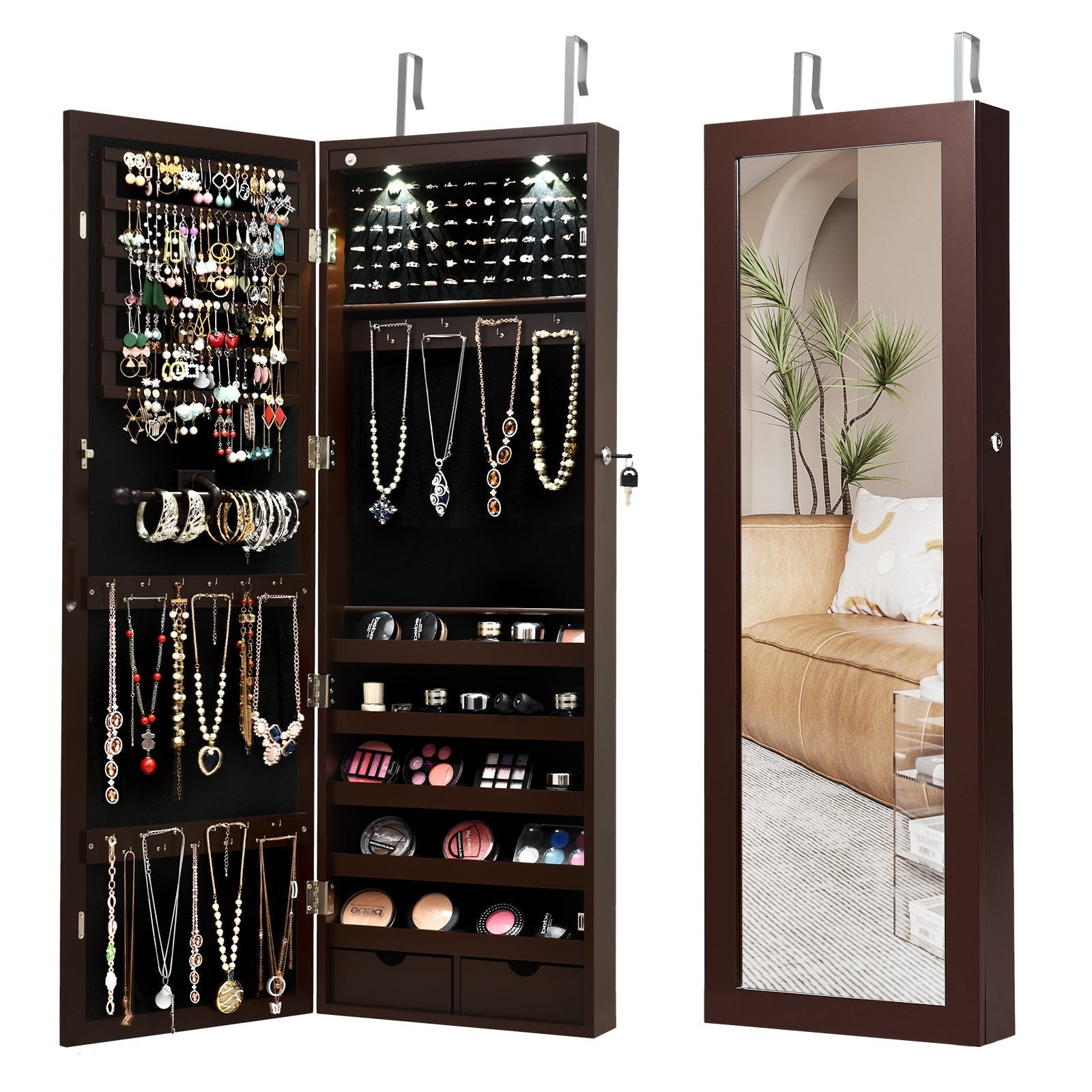Lockable Wall Mount Mirrored Jewelry Cabinet with LED Lights-Brown