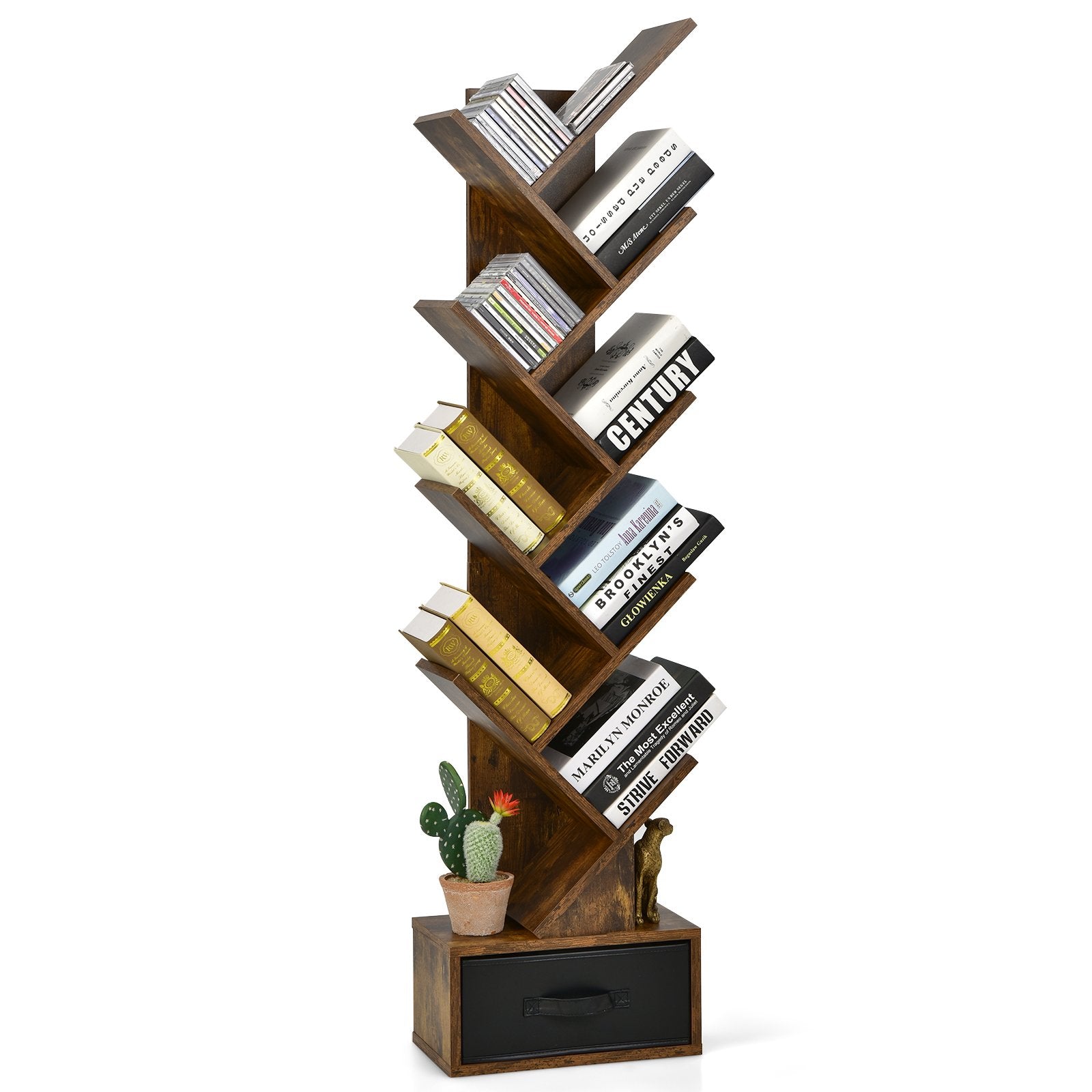 10-tier Tree Bookshelf with Drawer Free-standing Storage Bookcase-Coffee