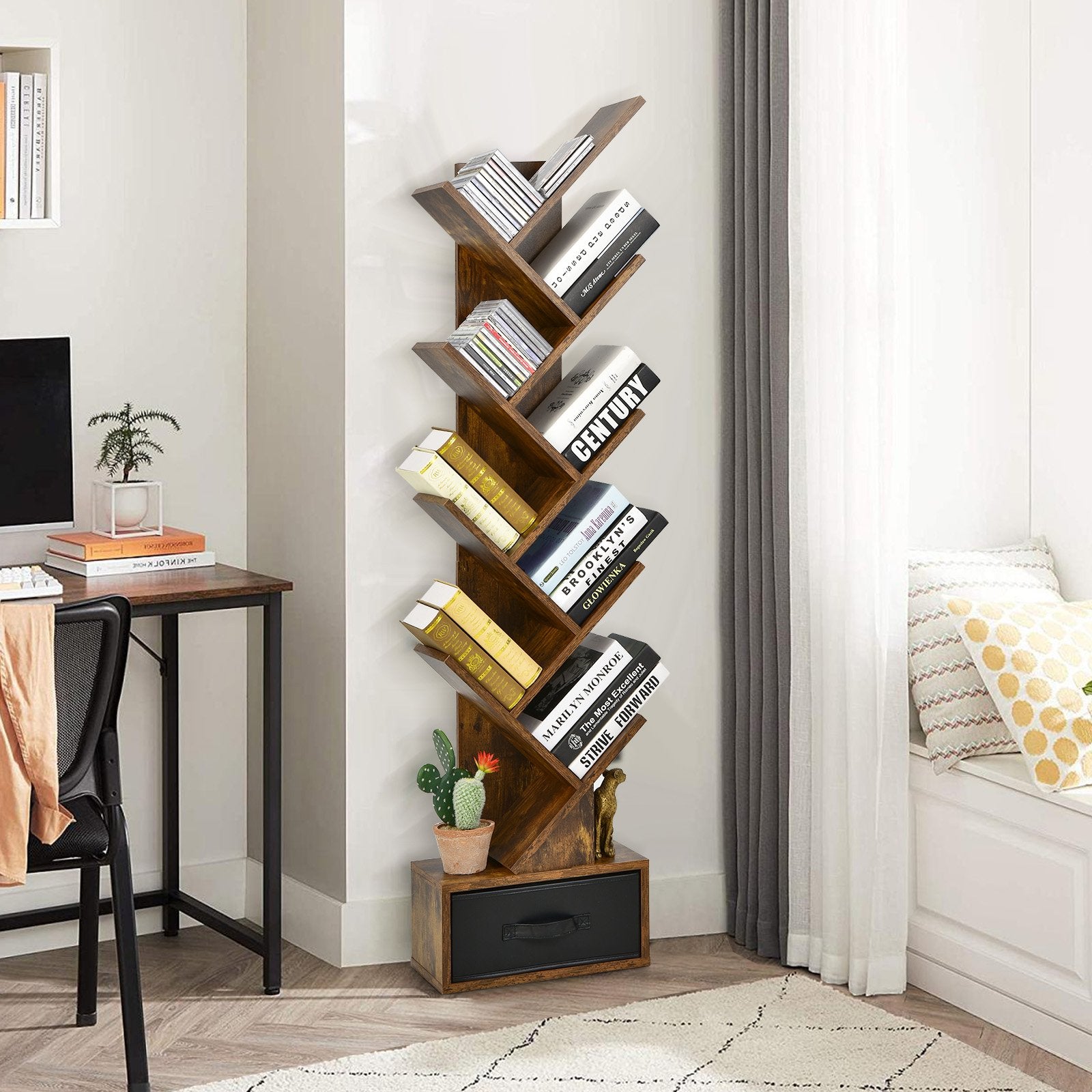 10-tier Tree Bookshelf with Drawer Free-standing Storage Bookcase-Coffee