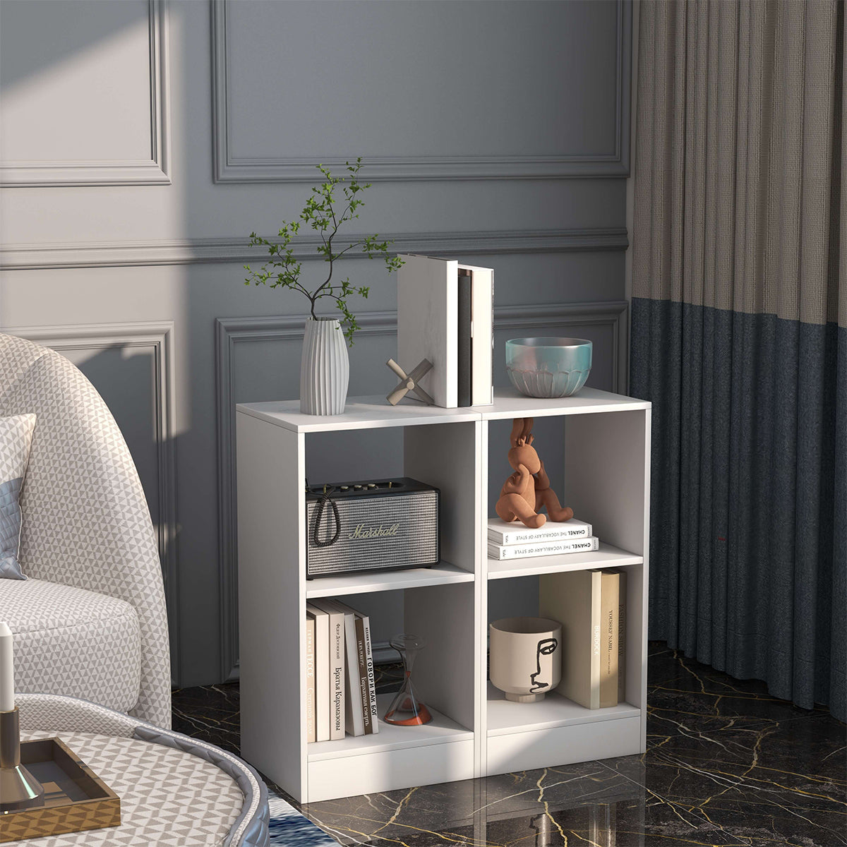 2 Pieces 2-tier Bookcase Set with Anti-toppling Device-White