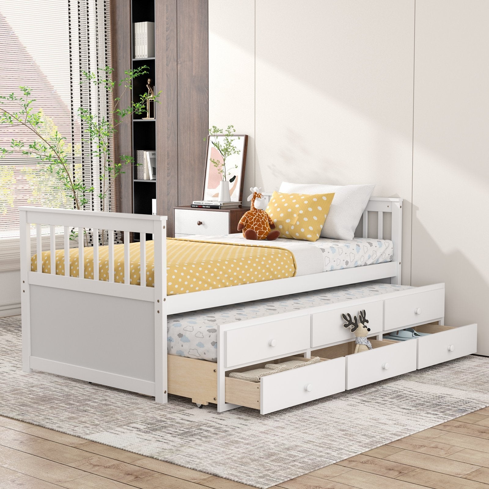 Twin Captain’s Bed with Trundle Bed with 3 Storage Drawers-Dark Brown