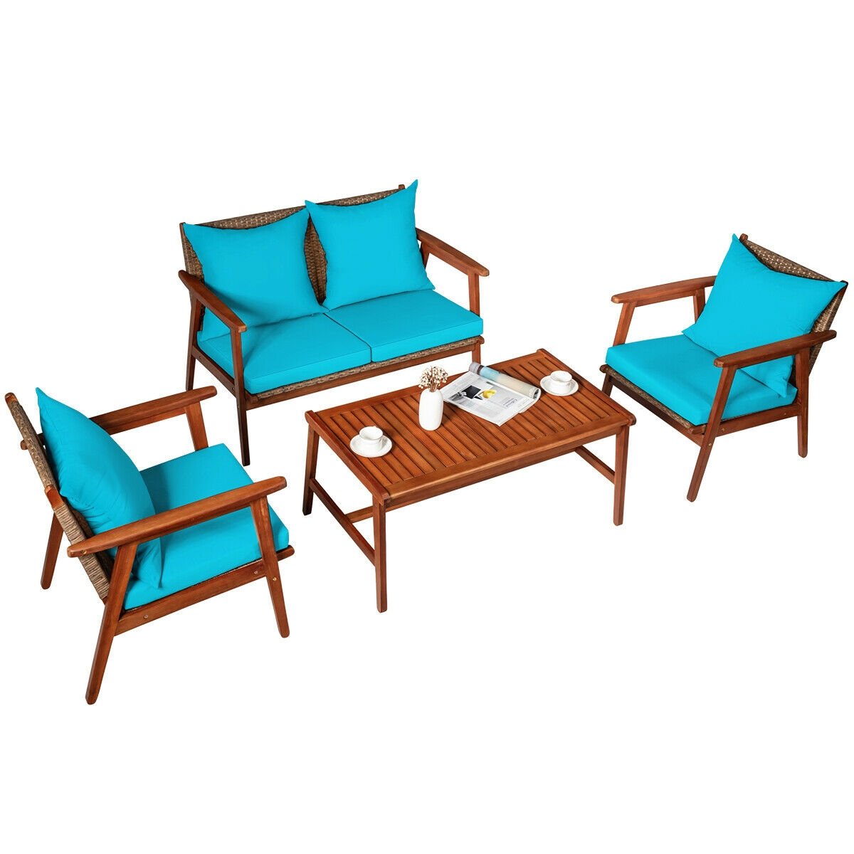 4 Pieces Acacia Wood Patio Rattan Furniture Set-Brown