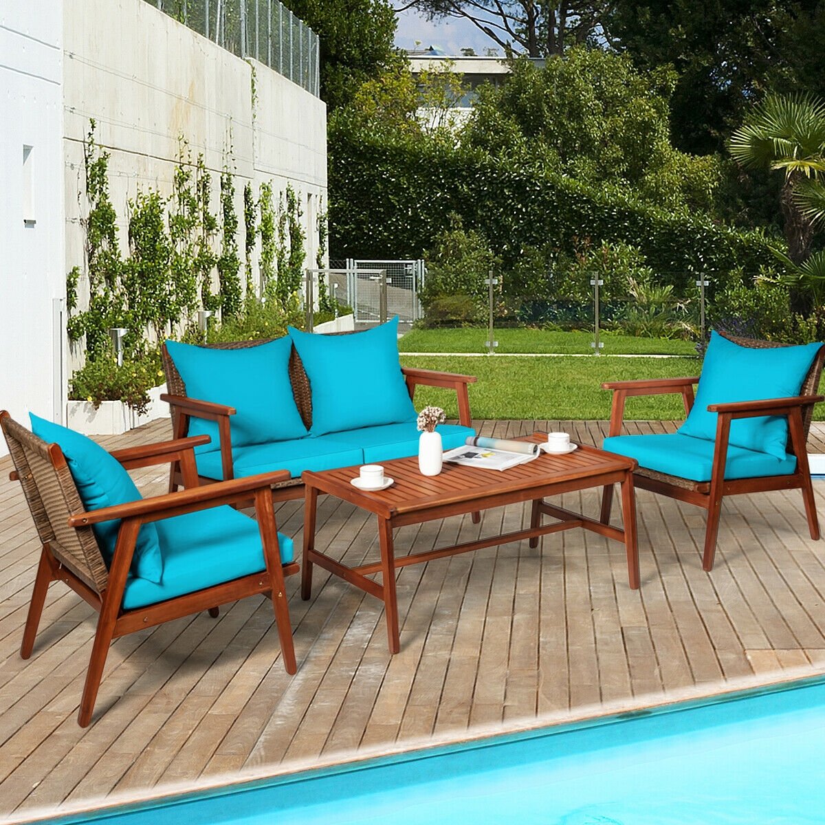 4 Pieces Acacia Wood Patio Rattan Furniture Set-Brown