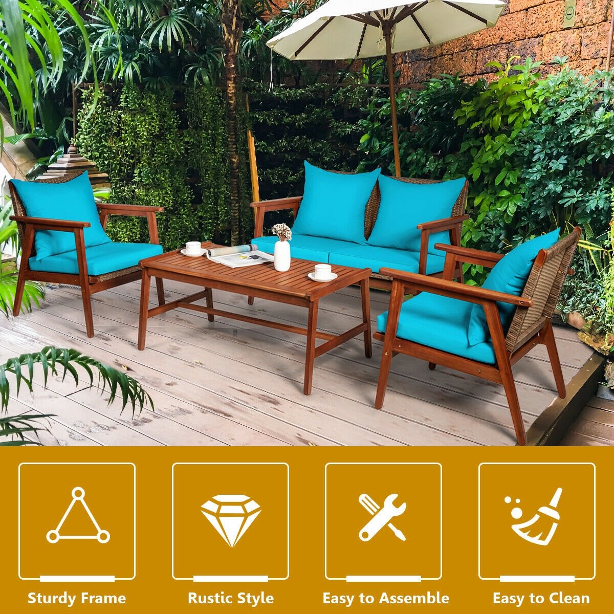 4 Pieces Acacia Wood Patio Rattan Furniture Set-Brown