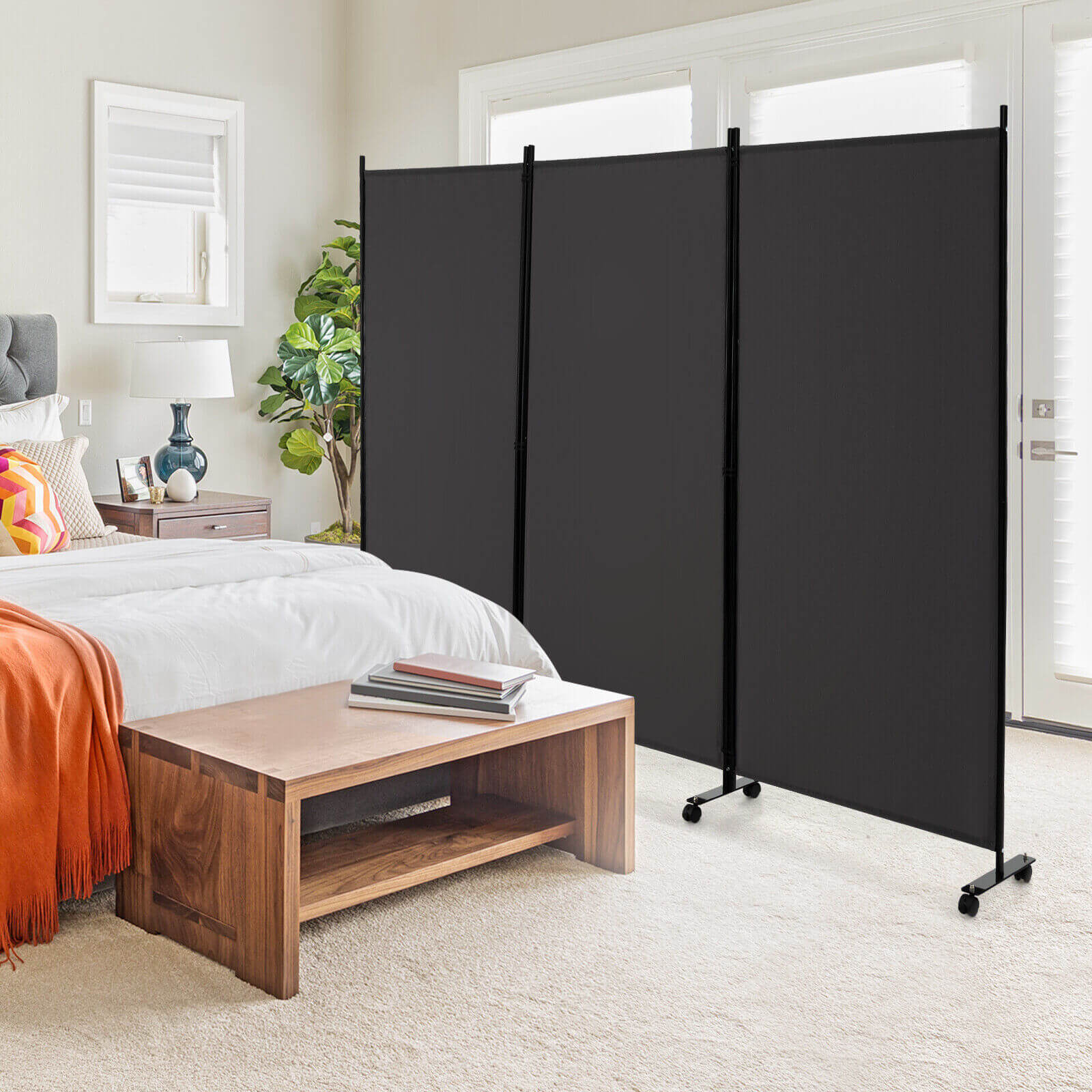 3 Panel Folding Room Divider with Lockable Wheels-Black