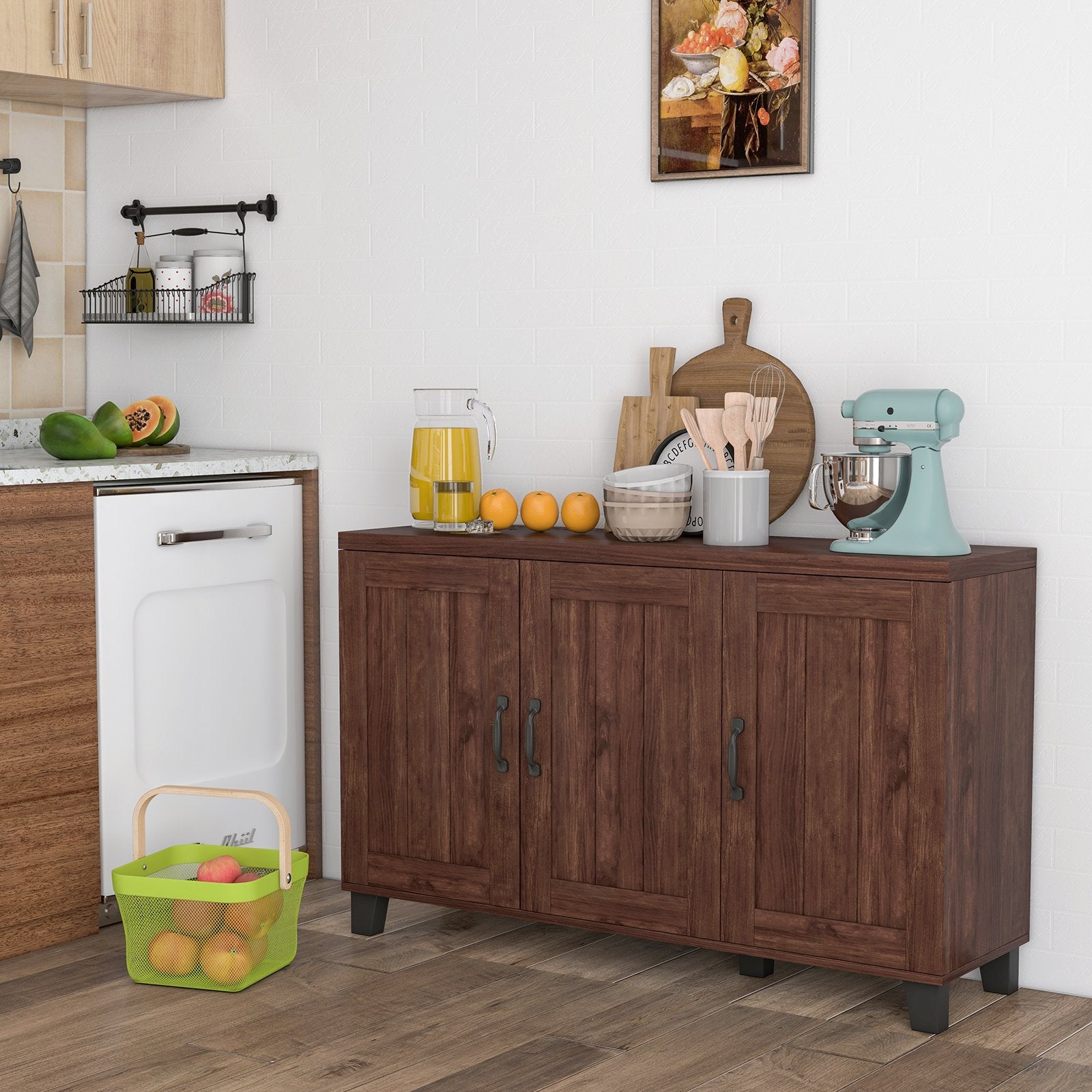 3-Door Buffet Sideboard with Adjustable Shelves and Anti-Tipping Kits-Brown