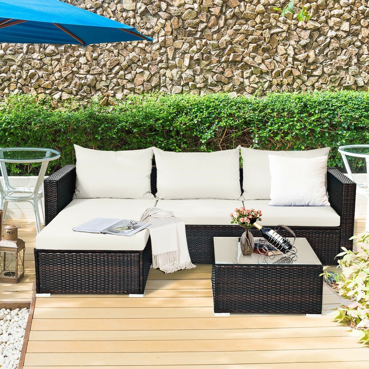 5 Pieces Patio Rattan Sectional Furniture Set with Cushions and Coffee Table -Navy