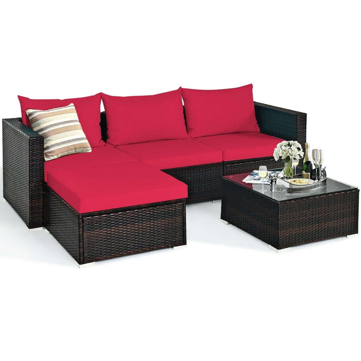 5 Pieces Patio Rattan Sectional Furniture Set with Cushions and Coffee Table -Navy