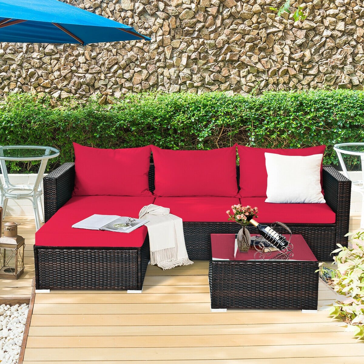 5 Pieces Patio Rattan Sectional Furniture Set with Cushions and Coffee Table -Navy