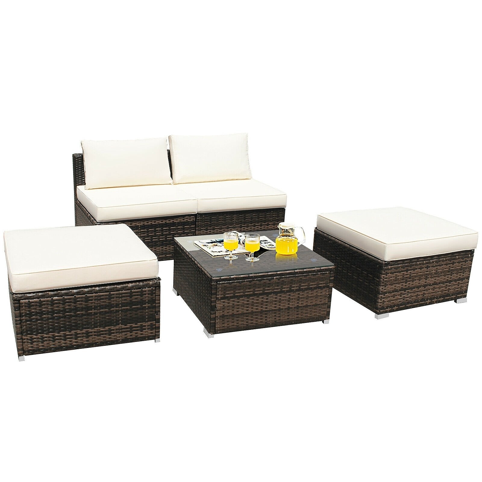 5 Pieces Patio Rattan Furniture Set with Cushioned Armless Sofa-Red