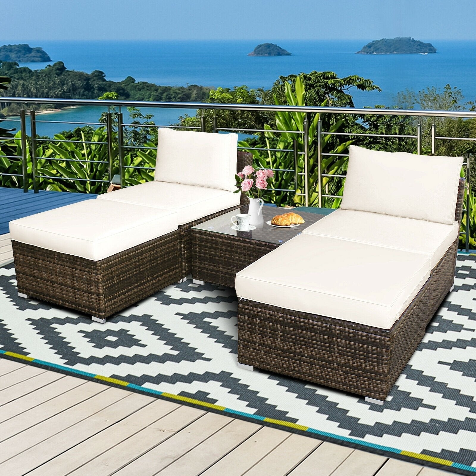 5 Pieces Patio Rattan Furniture Set with Cushioned Armless Sofa-Red