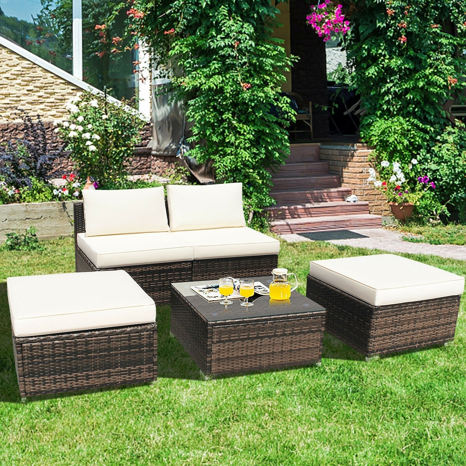 5 Pieces Patio Rattan Furniture Set with Cushioned Armless Sofa-Red
