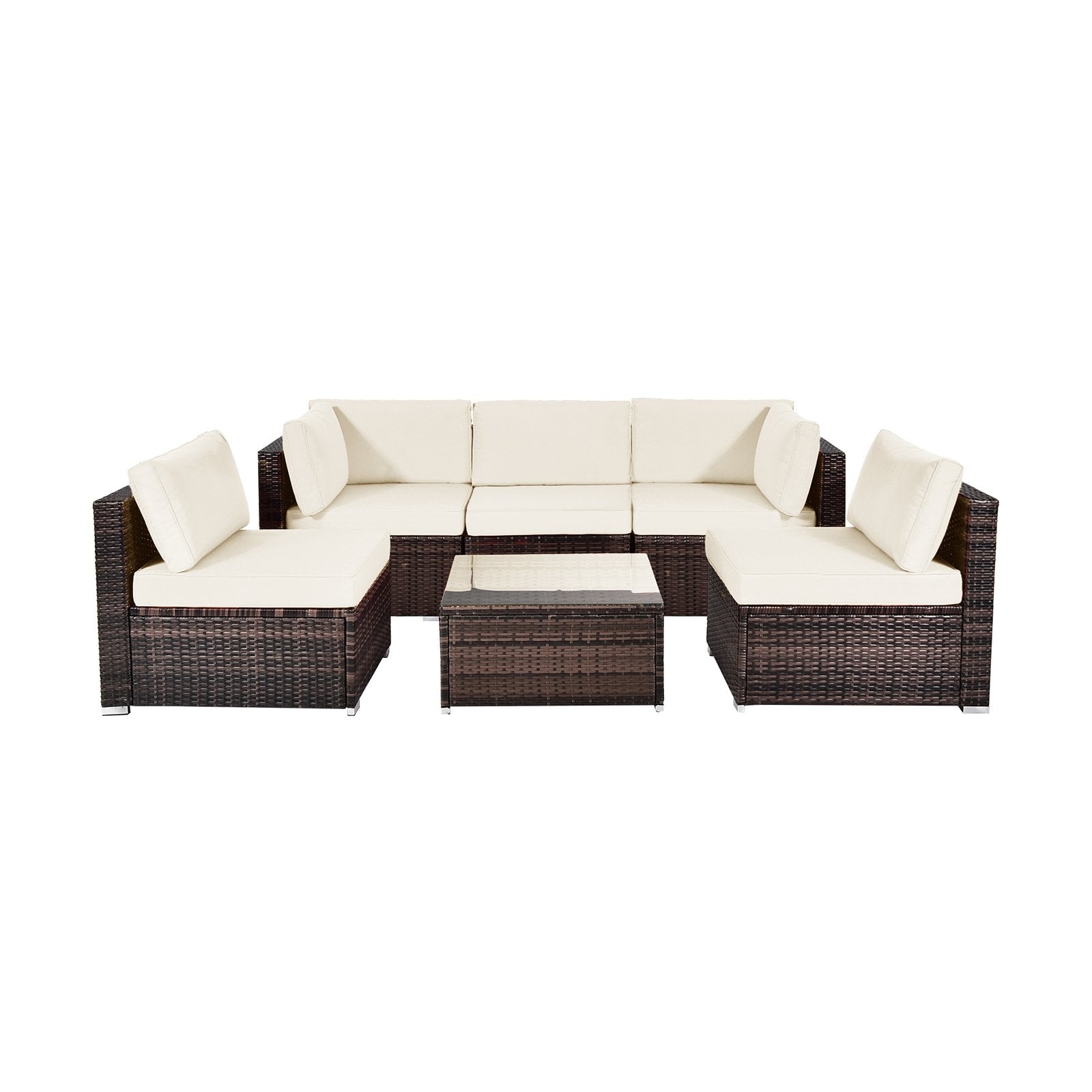 6 Pieces Patio Rattan Furniture Set with Cushions and Glass Coffee Table-Black