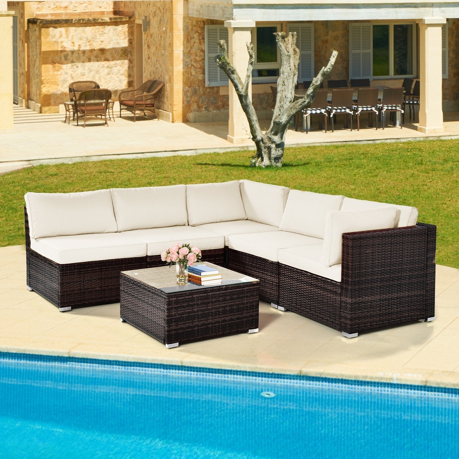 6 Pieces Patio Rattan Furniture Set with Cushions and Glass Coffee Table-Black