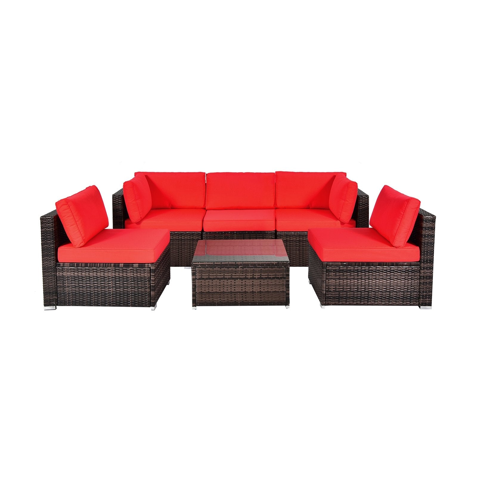 6 Pieces Patio Rattan Furniture Set with Cushions and Glass Coffee Table-Black