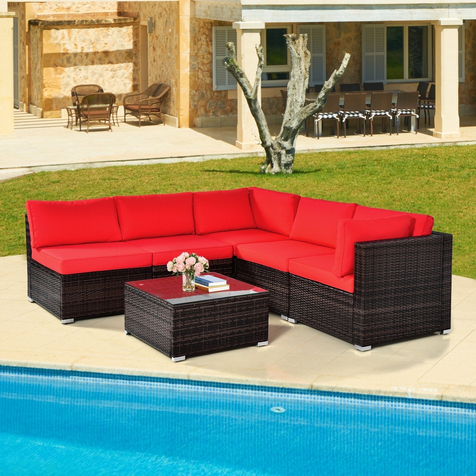 6 Pieces Patio Rattan Furniture Set with Cushions and Glass Coffee Table-Black