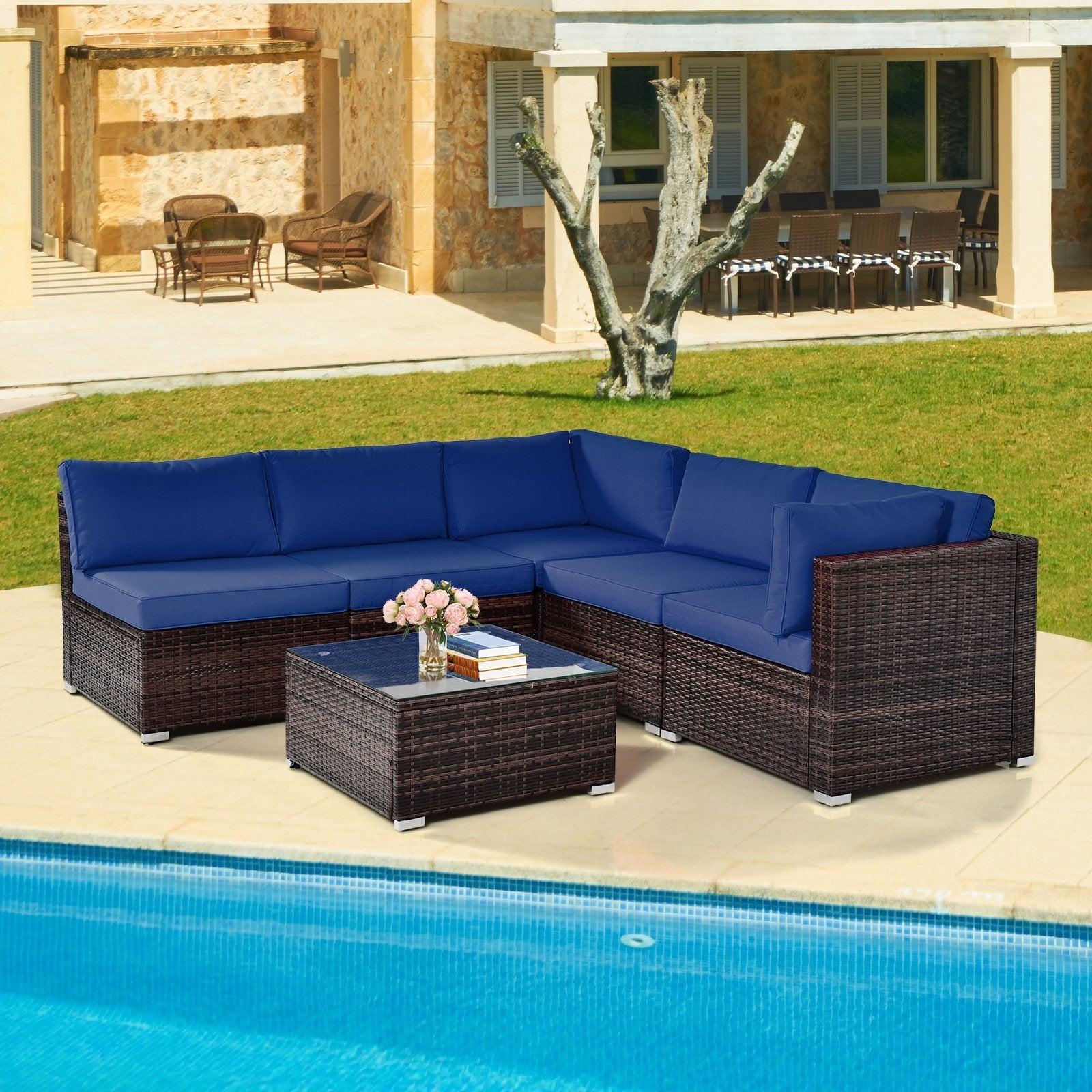 6 Pieces Patio Rattan Furniture Set with Cushions and Glass Coffee Table-Black