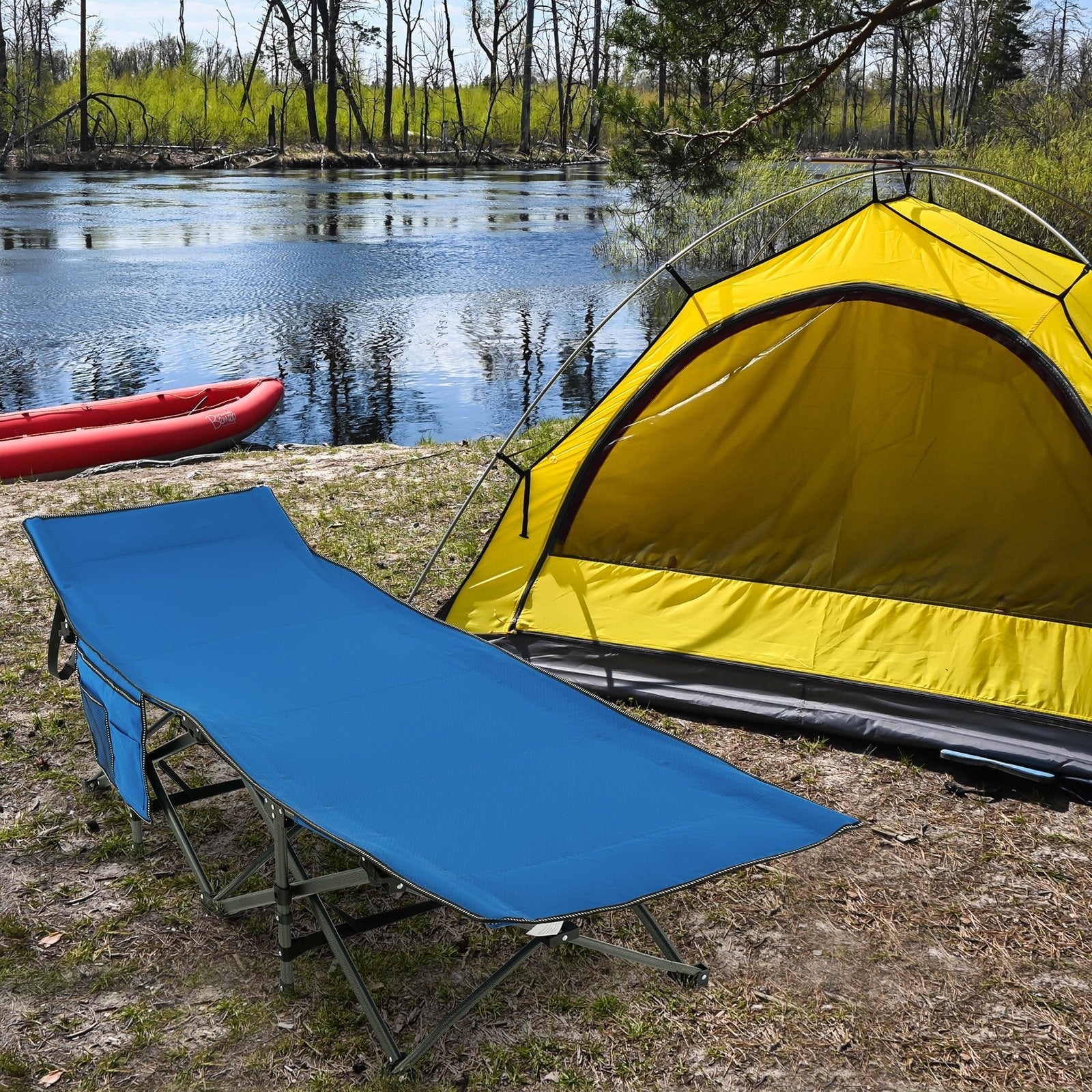 Wide Foldable Camping Cot with Carry Bag-Blue