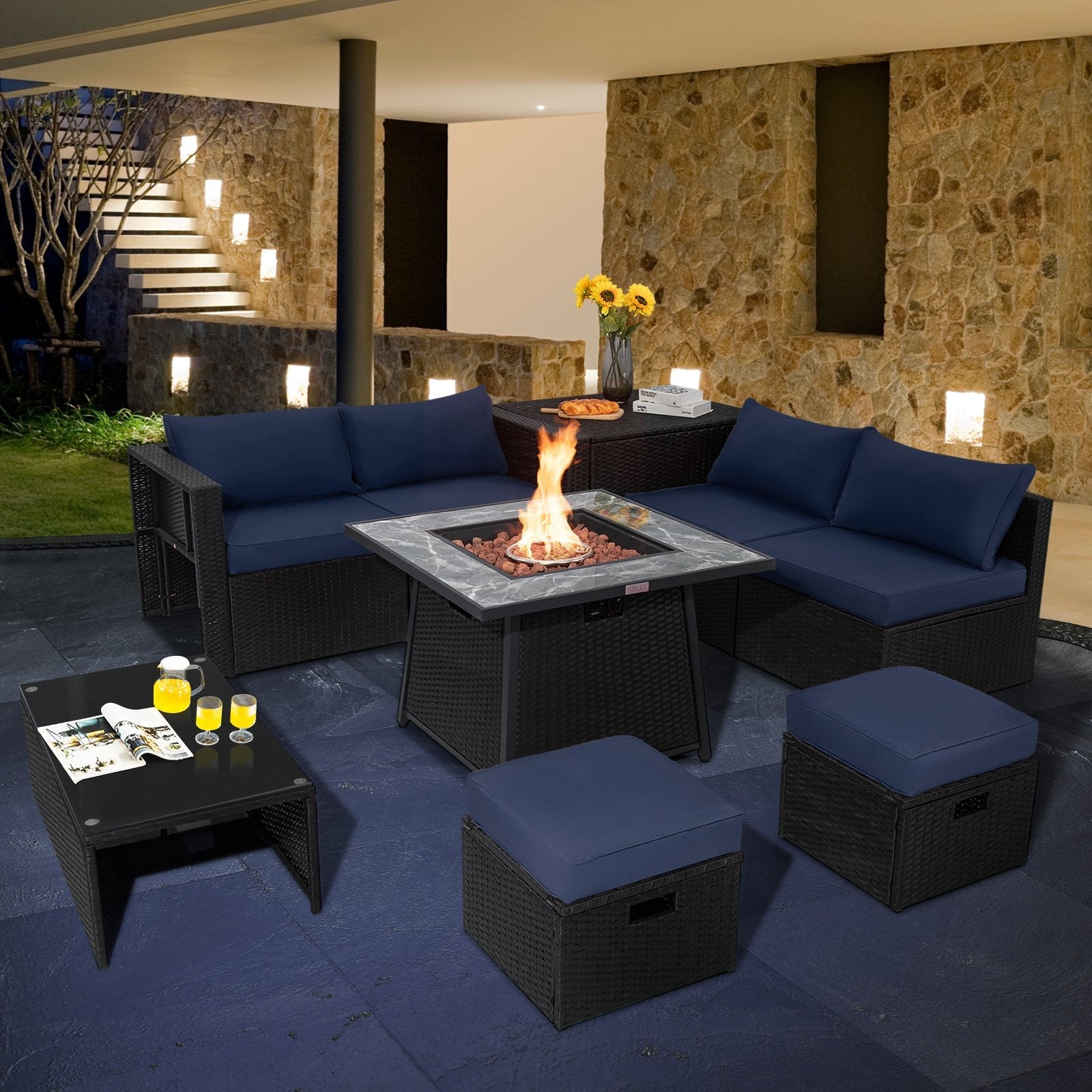 9 Pieces Outdoor Wicker Sectional with 35 Inch Gas Fire Pit Table-Black