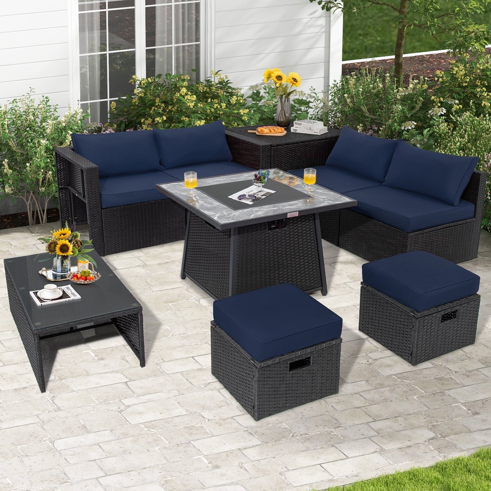 9 Pieces Outdoor Wicker Sectional with 35 Inch Gas Fire Pit Table-Black