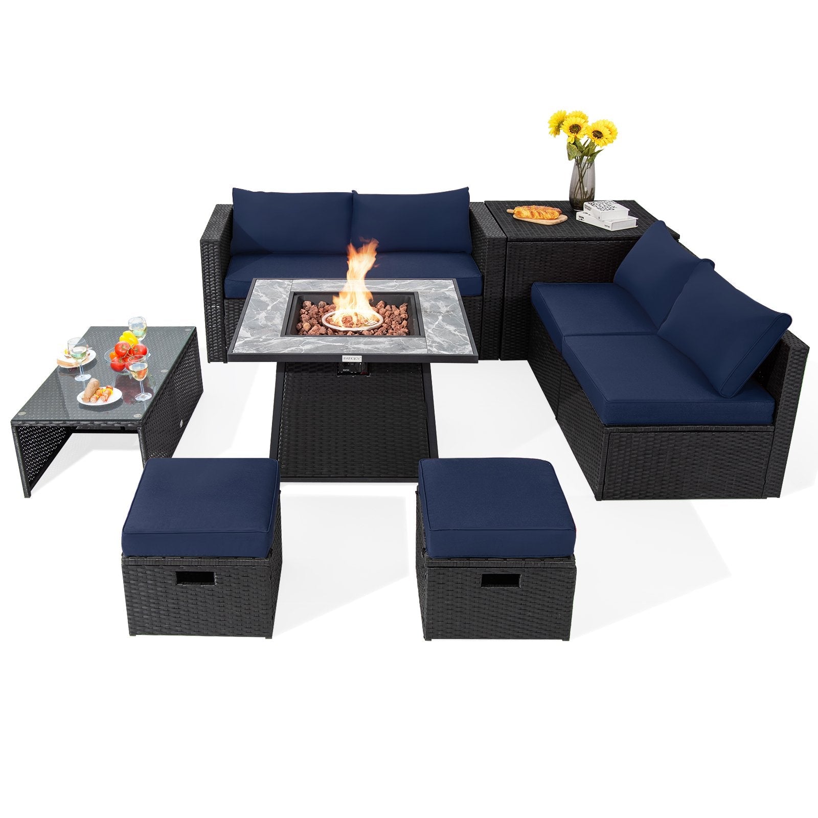 9 Pieces Outdoor Wicker Sectional with 35 Inch Gas Fire Pit Table-Black