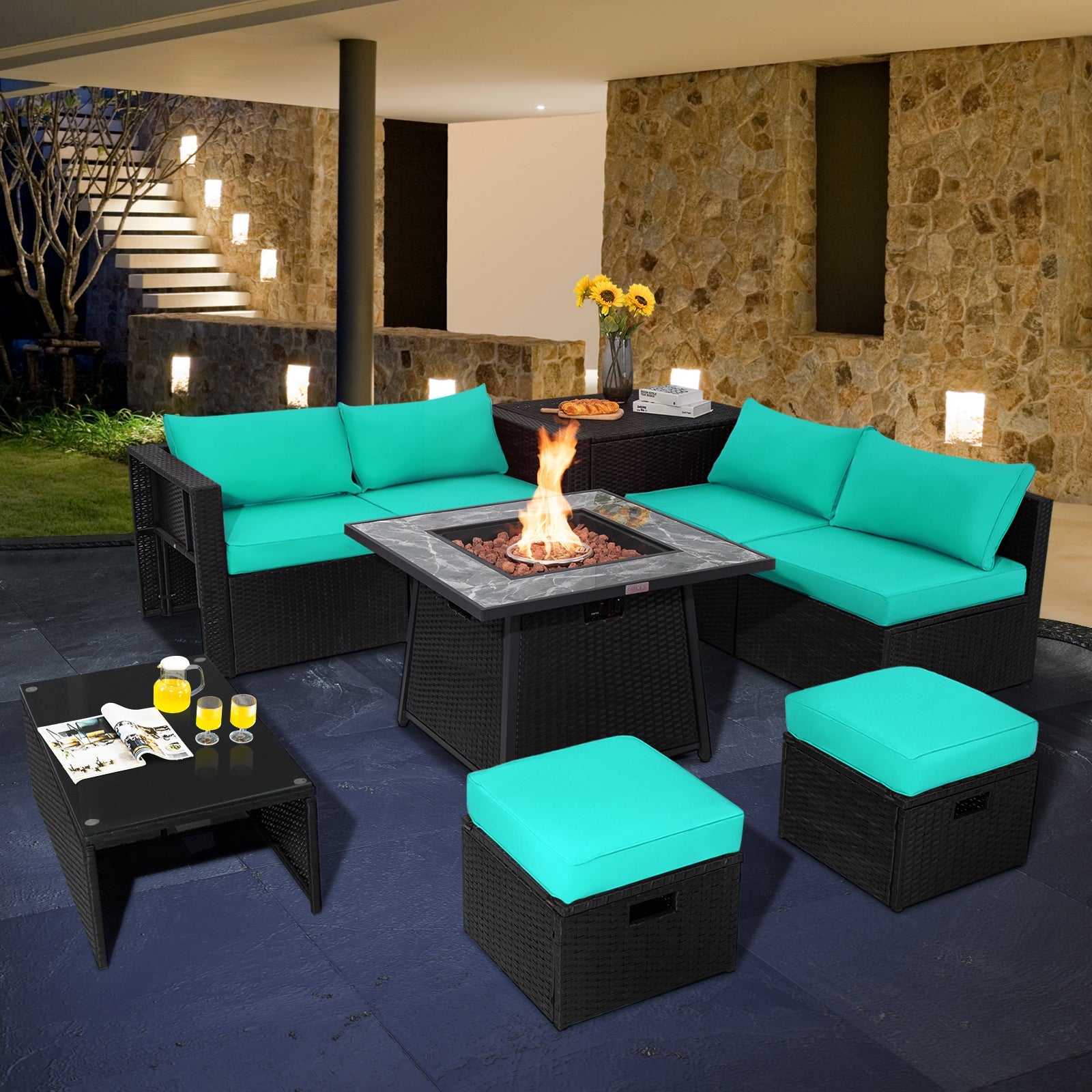 9 Pieces Outdoor Wicker Sectional with 35 Inch Gas Fire Pit Table-Black