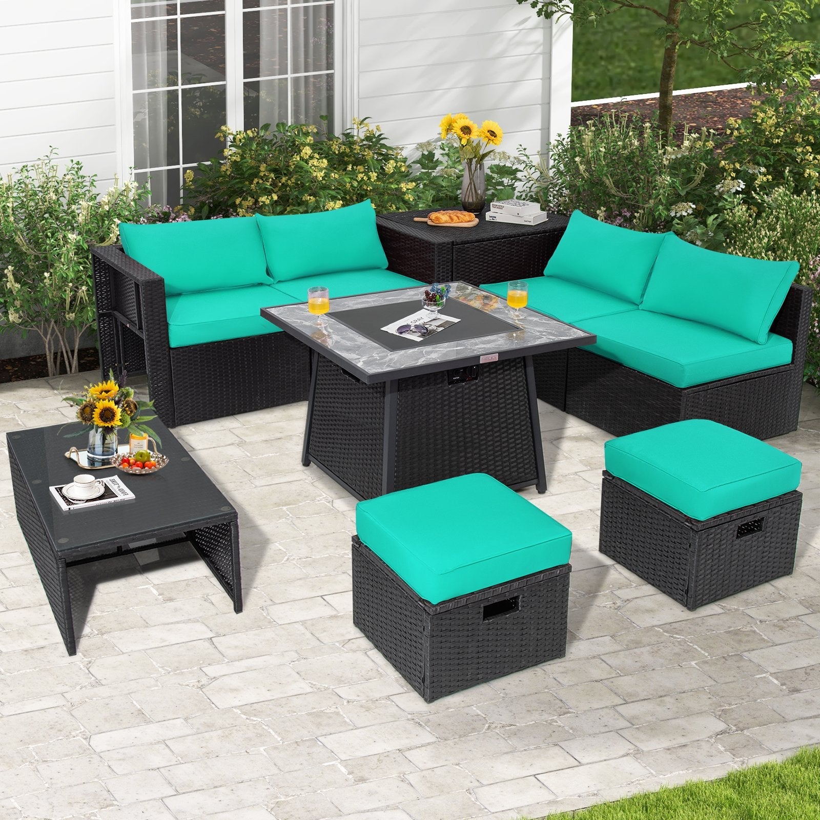 9 Pieces Outdoor Wicker Sectional with 35 Inch Gas Fire Pit Table-Black