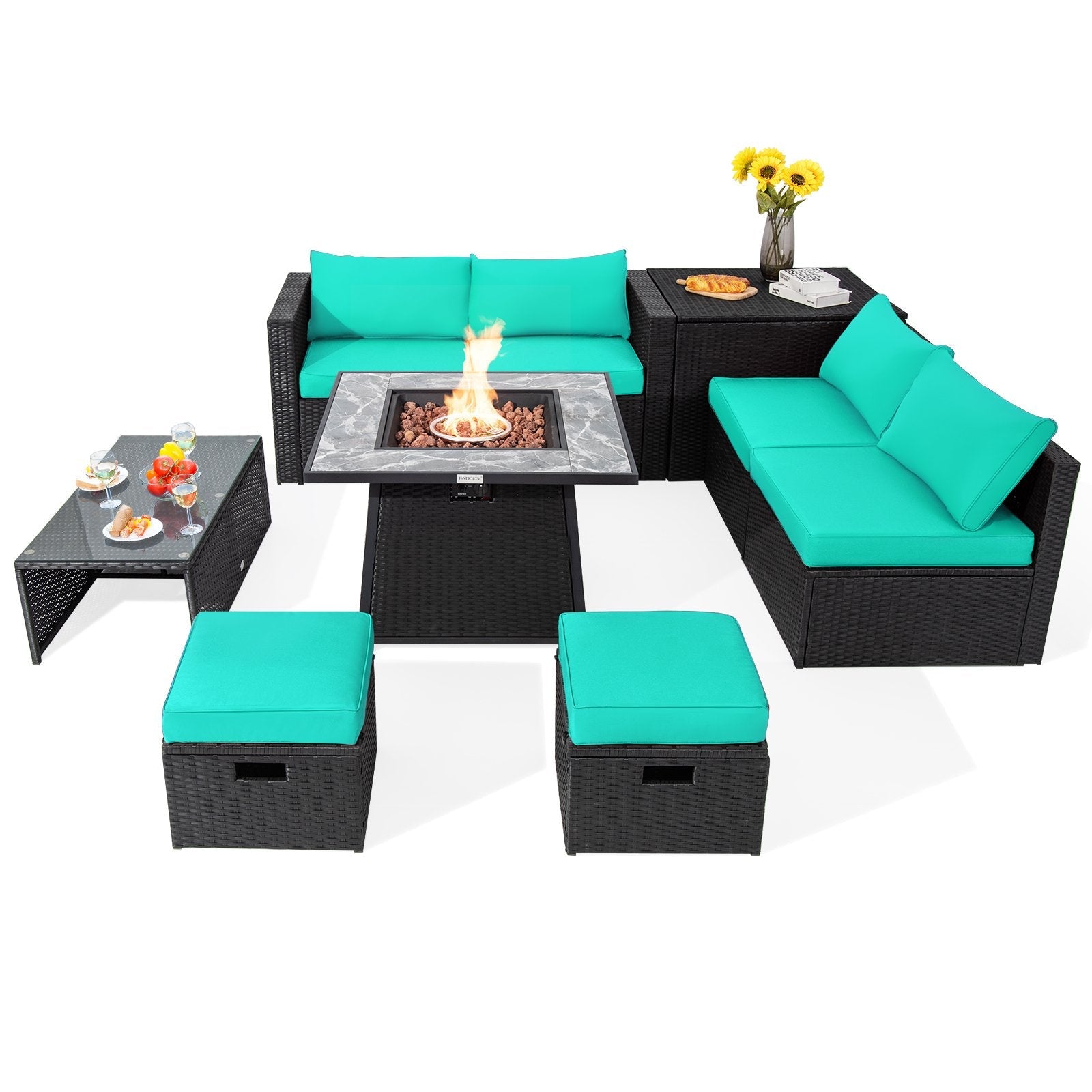 9 Pieces Outdoor Wicker Sectional with 35 Inch Gas Fire Pit Table-Black